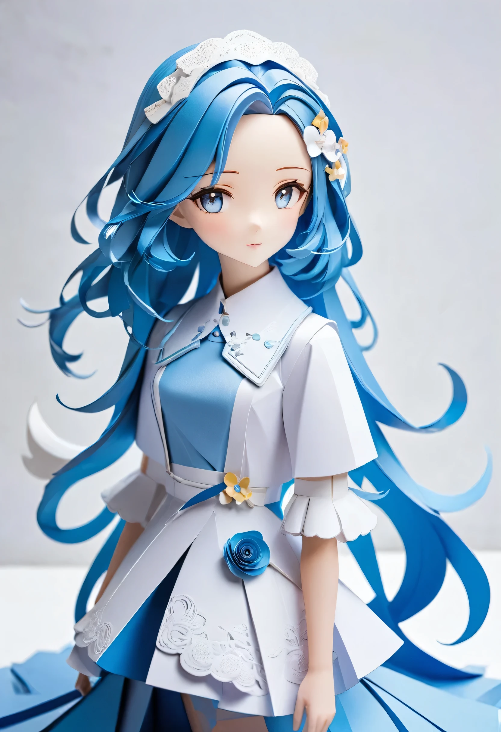 masterpiece, papercraft:2, a forehead:0.3 blue hair long hair lovely girl, lovely blue eyes.