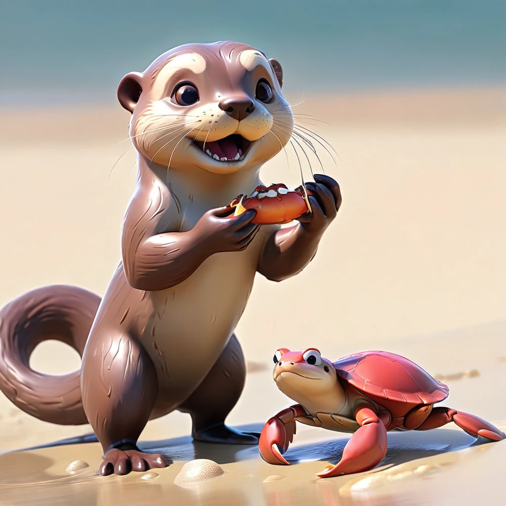 An otter on a beach does battle with a crab on a beach at sunset, like a video game they have health meters, a bikini clad woman watches