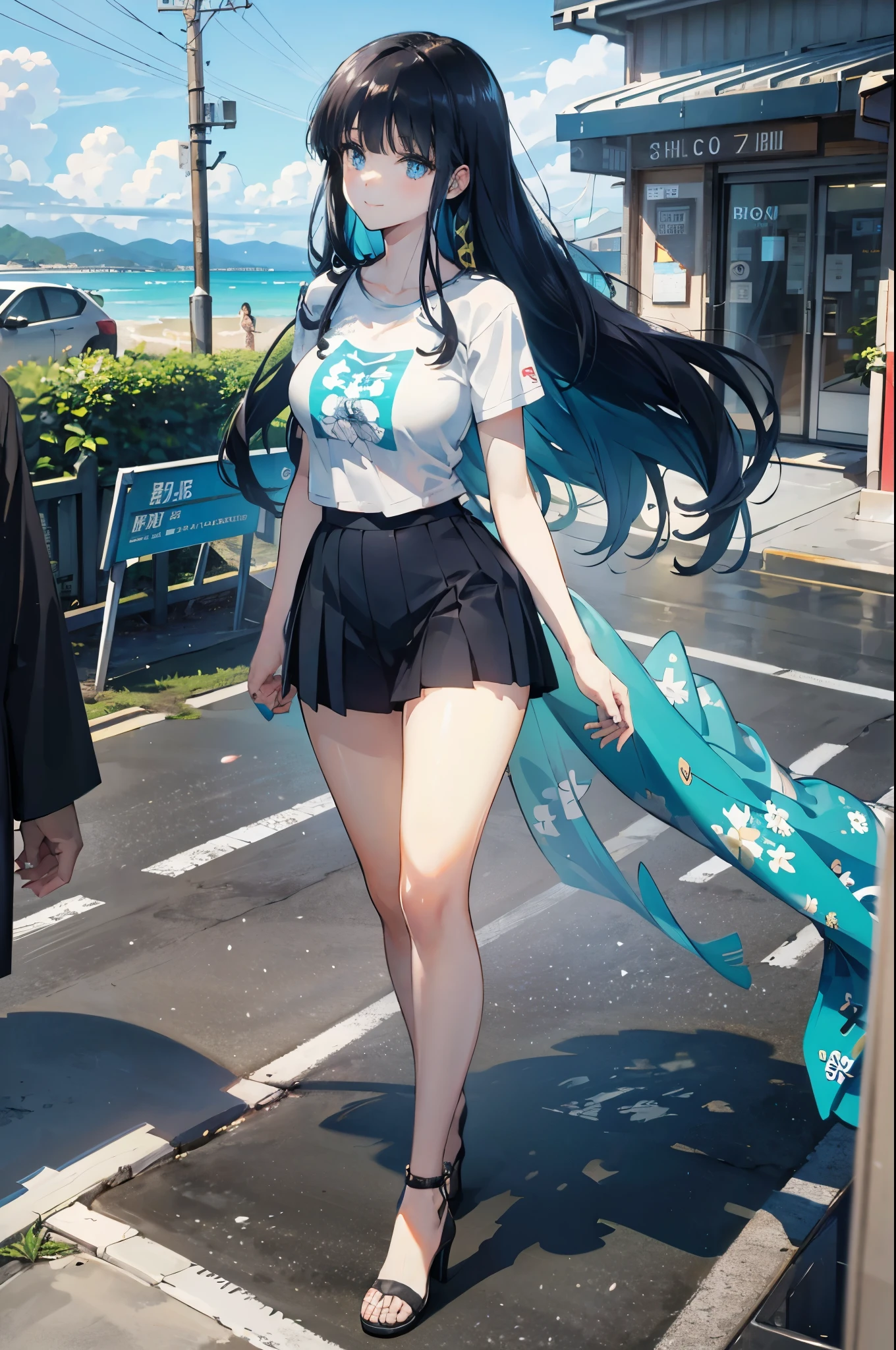 realistic image, detailed image, coherent image, 1 beautiful girl, she has very long hair, black hair, light blue eyes, smiling expression. She is wearing a big baggy t-shirt, pleated mini skirt, She has a curvy body, medium breasts and thick thighs, She is walking on the sidewalk, arching her back, background of a beach, sunny day, Soft focus, full body view, Shadows dramatic, volumetric lighting, natural lighting,miyuki shiba