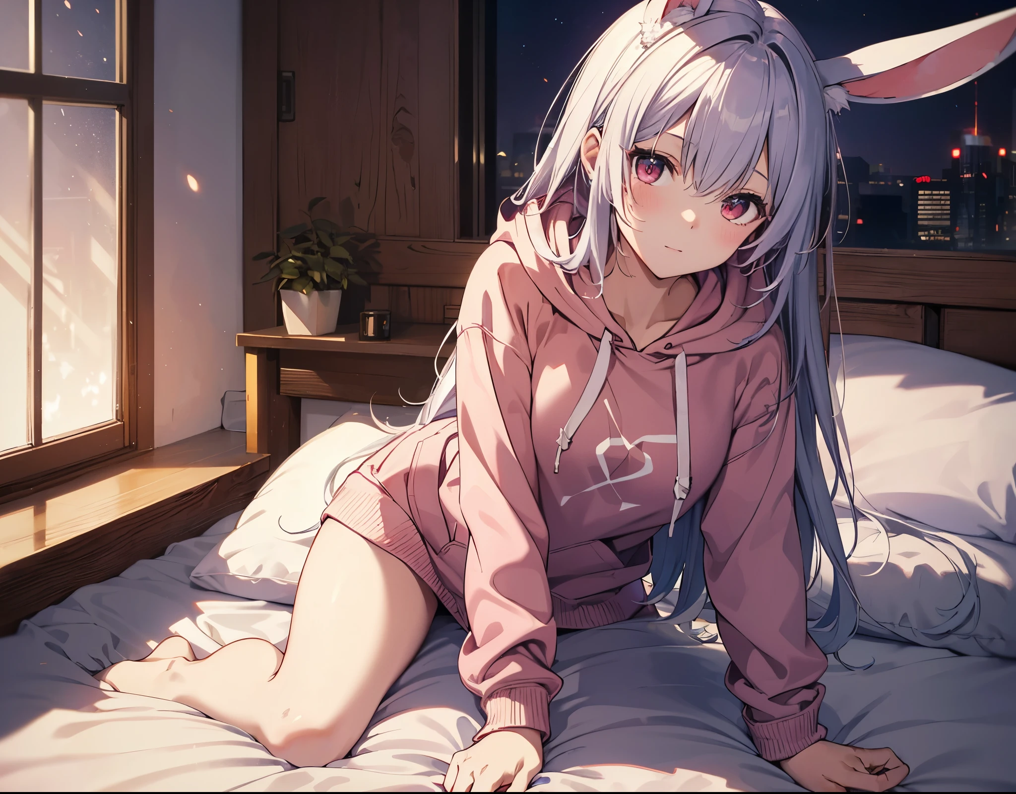 Realistic,highest quality, Ultra Detail, High-quality CG rendering, The most delicate and beautiful, Floating softly, High resolution, (1 girl), (Highest quality,4K,8K,masterpiece:1.2), Light purple hair,Rabbit,Bunny ears,(Long Hair:1.2),Red eyes,(White oversized hoodie:1.3),Inside the room,bed,(bedで寝る:1.4),Falling,(Prone:1.5)