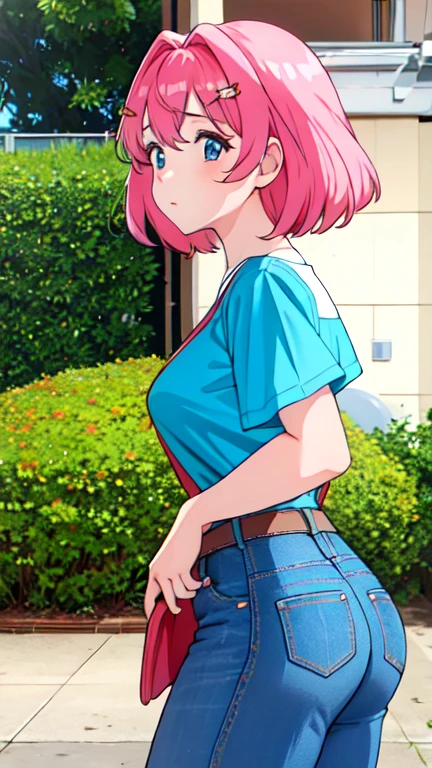 Akari Watanabe, Cabelo longo, Sozinho,  cabelo rosa, olhos azuis, olhando para o espectador, bunda redonda,  1 garota , A-line skirt, jeans
