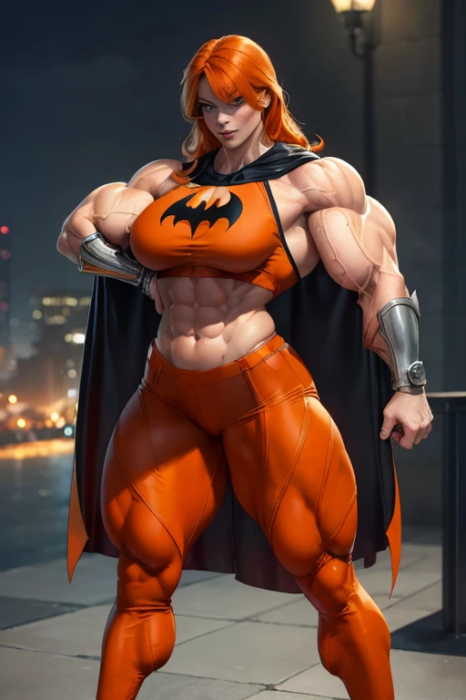 ((((Massive, tall, beautiful, buff, pale white skinned muscular woman with orange hair, ginormous bulky muscles and wearing a orange Batgirl suit with a cape and tight pants)))), (close view), massive muscles, massive biceps, hyper muscle triceps, (long shaggy hair), green eyes, black gloves, spiked gauntlets, high heels boots, city, at night, smirk, hyper muscles arms, hyper muscle legs, massively buff arms.
