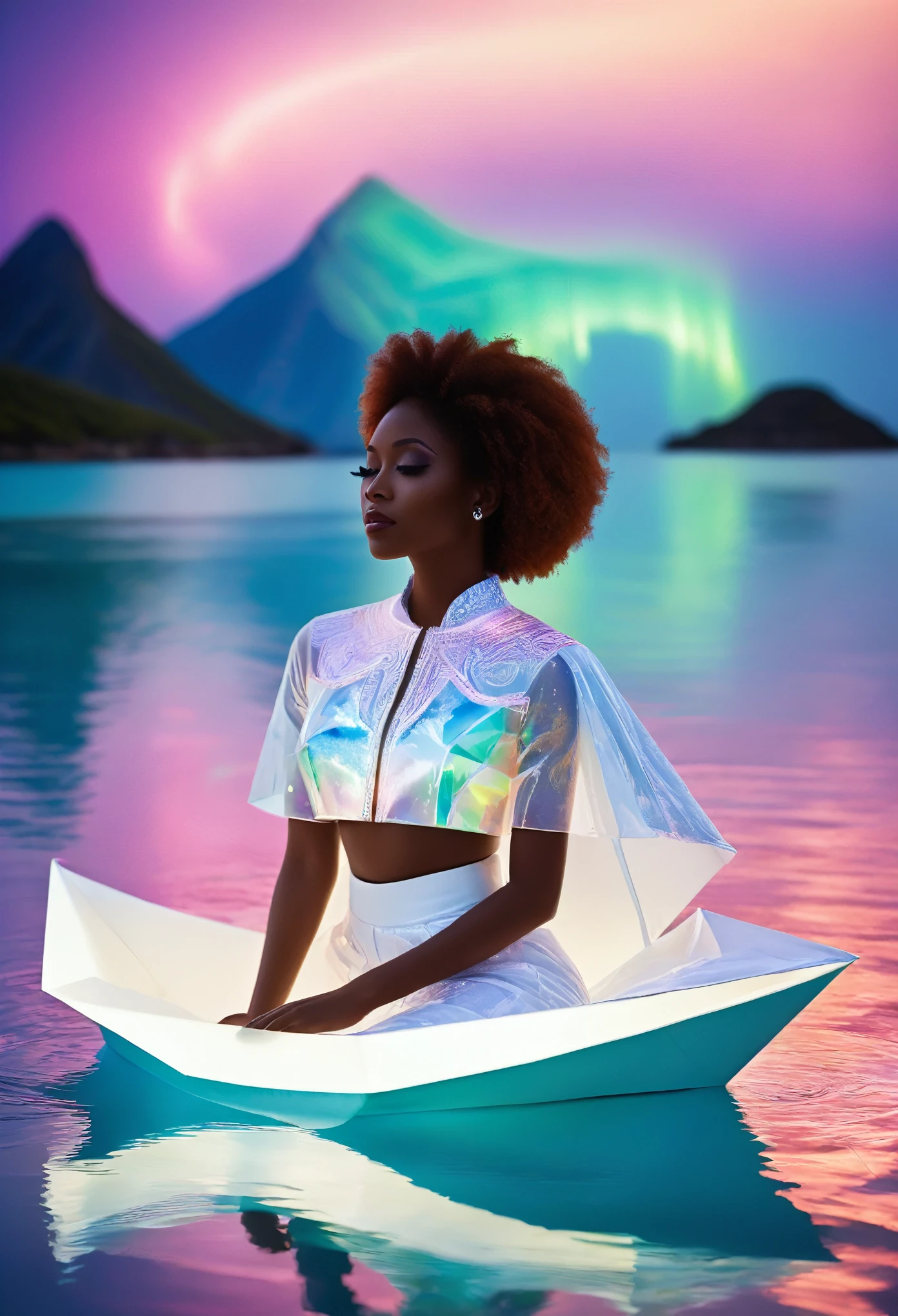 side angle view of A black woman sitting in a paper boat sailing on a clear ocean, clear ocean reflecting a beautiful aurora borealis shining in the sky, she's dressed in white African paper designed clothes, above a clear ocean, water reflecting the beautiful aurora borealis shining in the sky and clouds, beautiful artistic image.