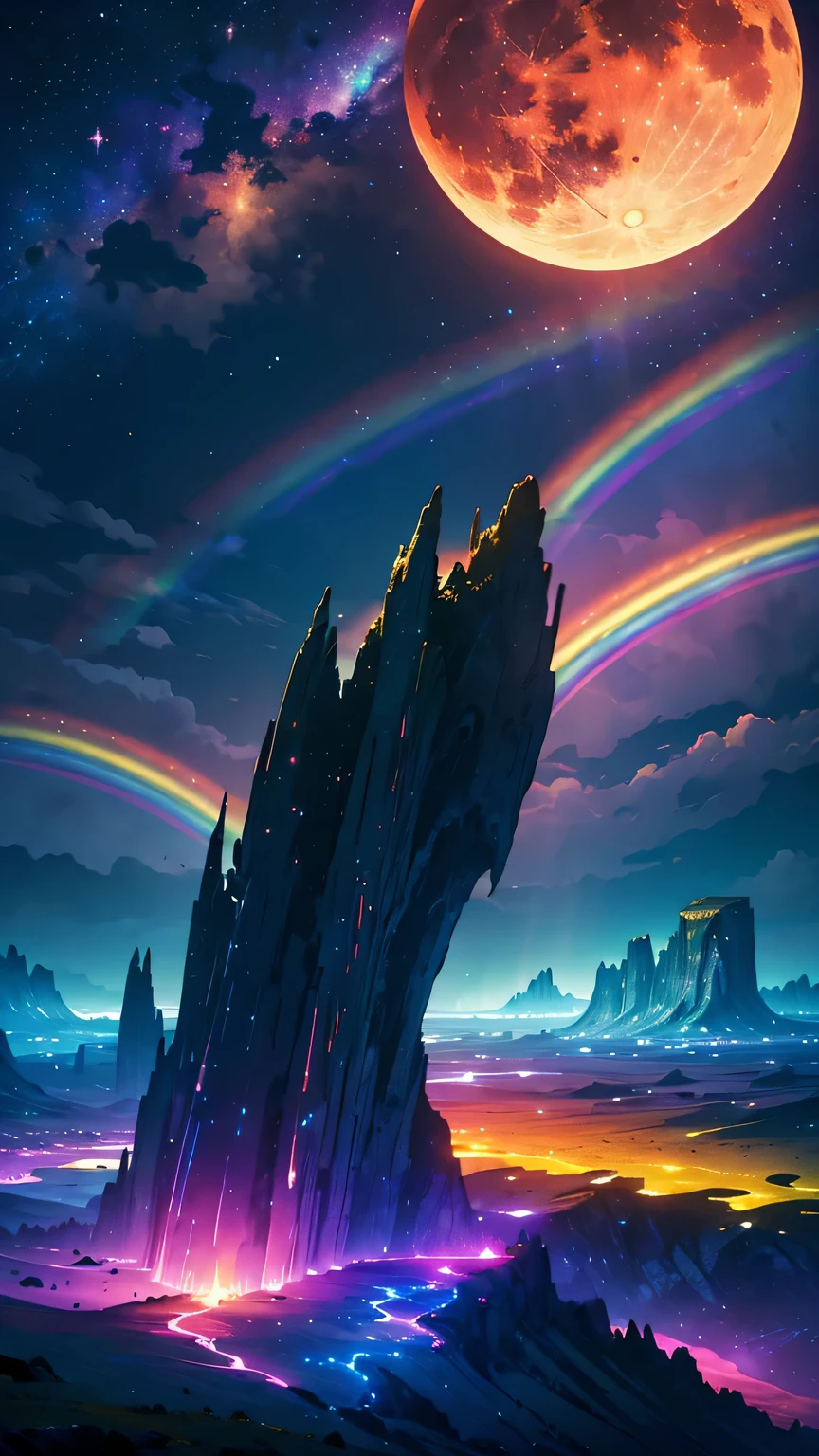 vast landscape photos ,prairie，Flock (Full Moon:1.2), ( meteor:0.9), (nebula:1.3), (masterpiece:1.2), (best quality), 4K, Super detailed, (Dynamic Synthesis:1.4), Very detailed, Colorful Detailed,( Rainbow Colors:1.2), (Luminous lighting, Mood lighting), dream, magic, (Solitary:1.2)