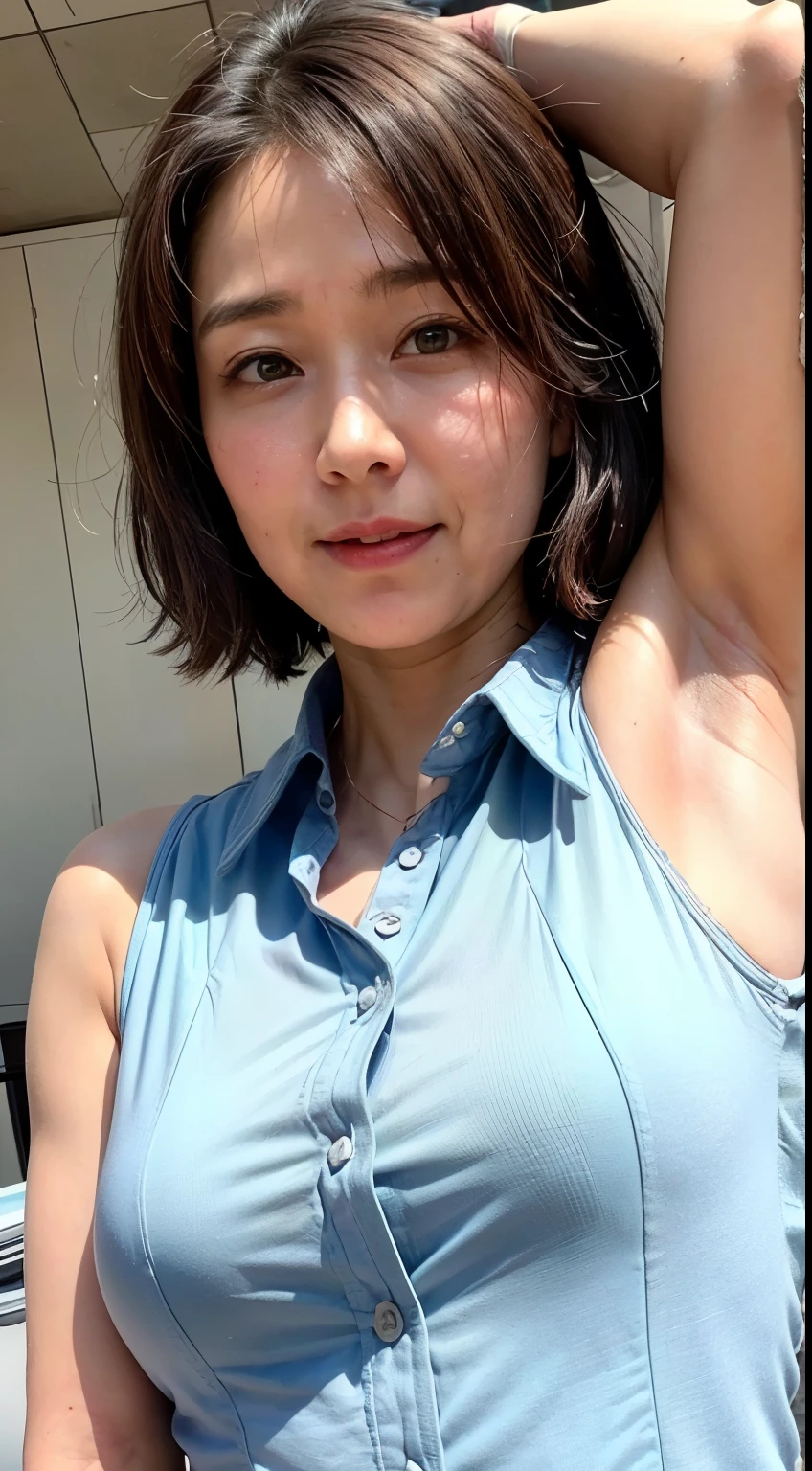 (Realistic:1.3、Ultra HD、Ultra-high resolution、8k、Japanese office lady、At work、White collared shirt、Sleep on your back)、((Looking at the camera:1.8))、(Extremely realistic skin texture:1.4)、(Realistic:1.3)、short hair、(Embarrassed expression:1.5)、(blonde:1.1)、(40-year-old woman、Mature Woman)、Ponytail hairstyle、(Lift your left arm and show your armpit:1.3)、(Armpit close-up:1.4)、(Shooting from the side:1.2)