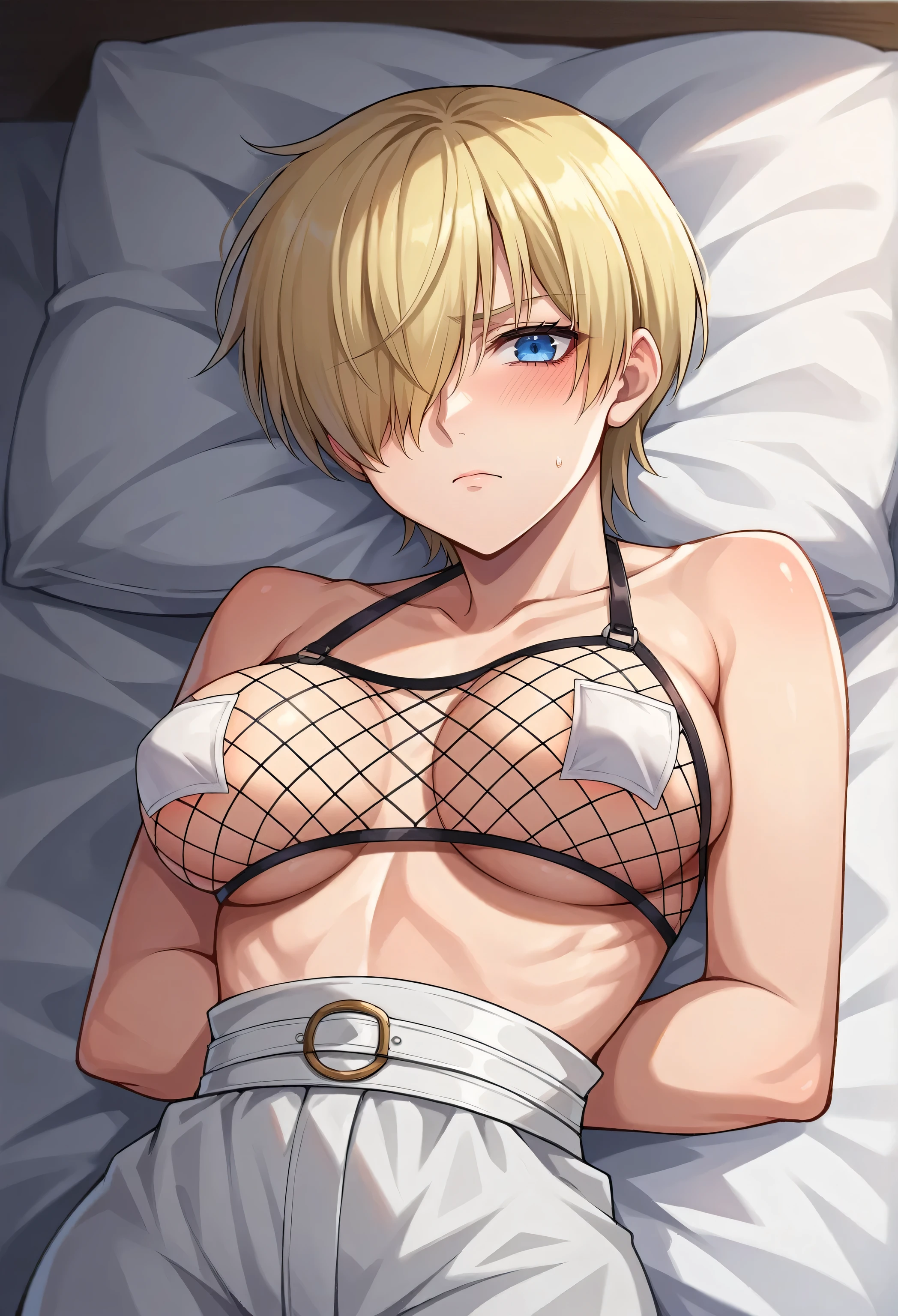 score_9, score_8_up, score_7_up, source_anime, solo, 1girl, berserk, farnese, blush, shy, looking at viewer, arms behind back, blonde hair, hair over one eye, blue eyes, white gloves, sexy, humongous breasts, large breasts, boob window, hellsing, indoors, Boob window, breast eindow, rating:safe, on bed, laying in bed, top view, birds eye view, nipple pasties, fishnet bra, shirtless