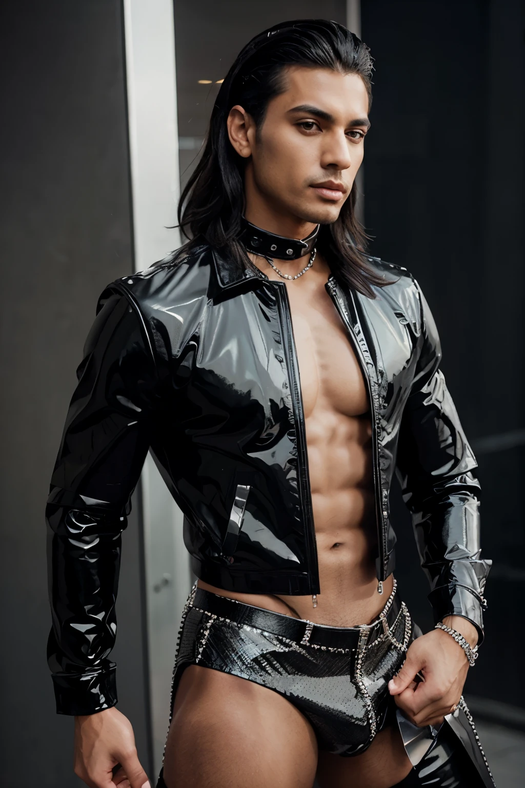 Handsome Latino Man Glamor Modern Fashion Fashion Shiny Stones Rhinestones Black Outfit Athletic Metallic Leather Metallic Jacket Sexy Pop Star Chest Black Transparent Metal Silver and Black Harness