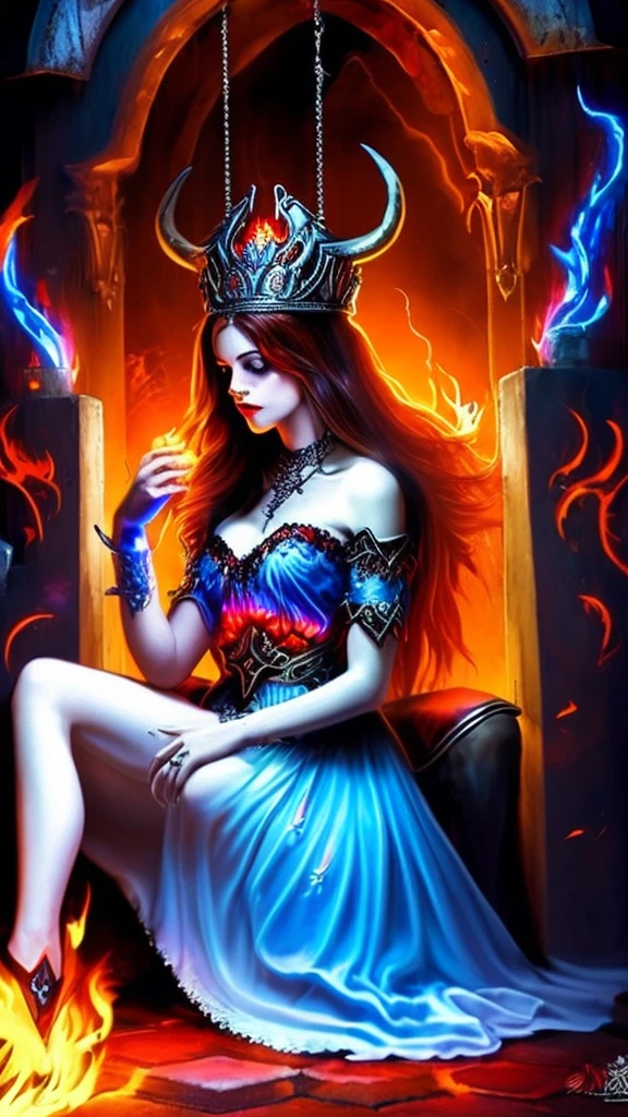 (best quality,4k,8k,highres,masterpiece:1.2),ultra-detailed,(realistic,photorealistic,photo-realistic:1.37),detailed girl sitting in front of the King of Hell, fearful expression, detailed eyes, detailed lips, extremely detailed face, long eyelashes, 2 red demons and 2 blue demons guarding the King.

Medium: Dark and surreal oil painting

Additional details: 
- The girl is wearing a tattered white dress.
- The King of Hell is sitting on a fiery throne, surrounded by lava and flames.
- The red demons have sharp horns and fiery eyes, while the blue demons have ice blue skin and glowing eyes.
- The throne room is dimly lit, with eerie shadows dancing on the walls.
- The girl is surrounded by ghostly spirits, floating in the air.
- There are chains hanging from the ceiling, adding a sense of ominousness to the scene.
- The girl's hands are trembling, and she is clutching a small silver cross necklace.

Art style: Gruesome and macabre

Color palette: Dark and intense colors, predominantly shades of red, black, and deep blue

Lighting: Dramatic lighting with strong highlights and deep shadows, emphasizing the darkness and mystery of the scene.