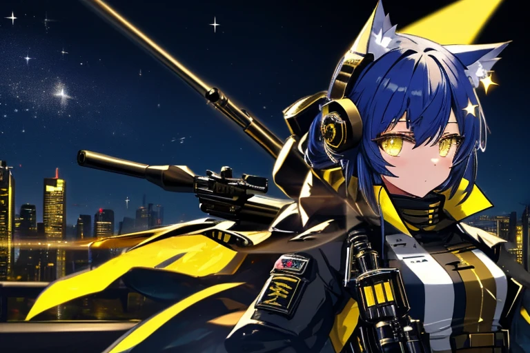 sniper rifle,Yellow and black combat uniform,Expose,uniform,woman,Cat ear,Sparkling Eyes,Star-like eyes,night,nightの街,night景,1 person