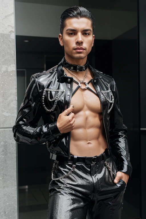 Handsome Latino Man Glamor Modern Fashion Fashion Shiny Stones Rhinestones Black Outfit Athletic Metallic Leather Metallic Jacket Sexy Pop Star Chest Black Transparent Metal Silver and Black Harness