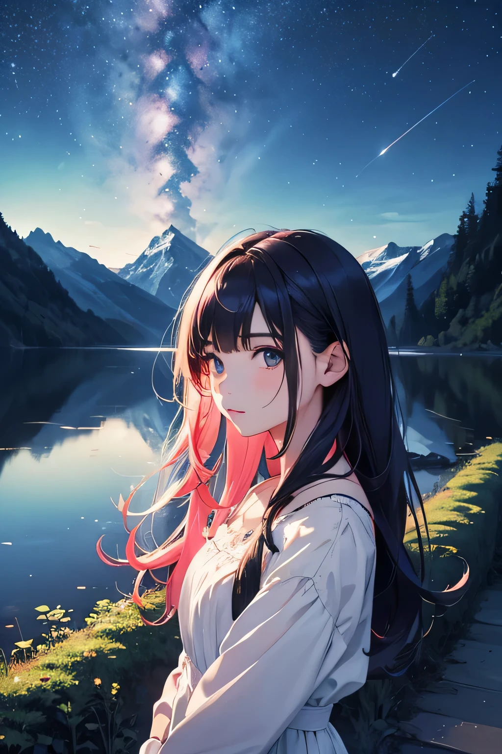 highest quality、High resolution、Detailed Background、Beautiful face in every detail、Brightly colored hair、A cute dress with minimal exposure、Spectacular natural scenery、Three beautiful girls against the backdrop of a large number of comets floating in the night sky