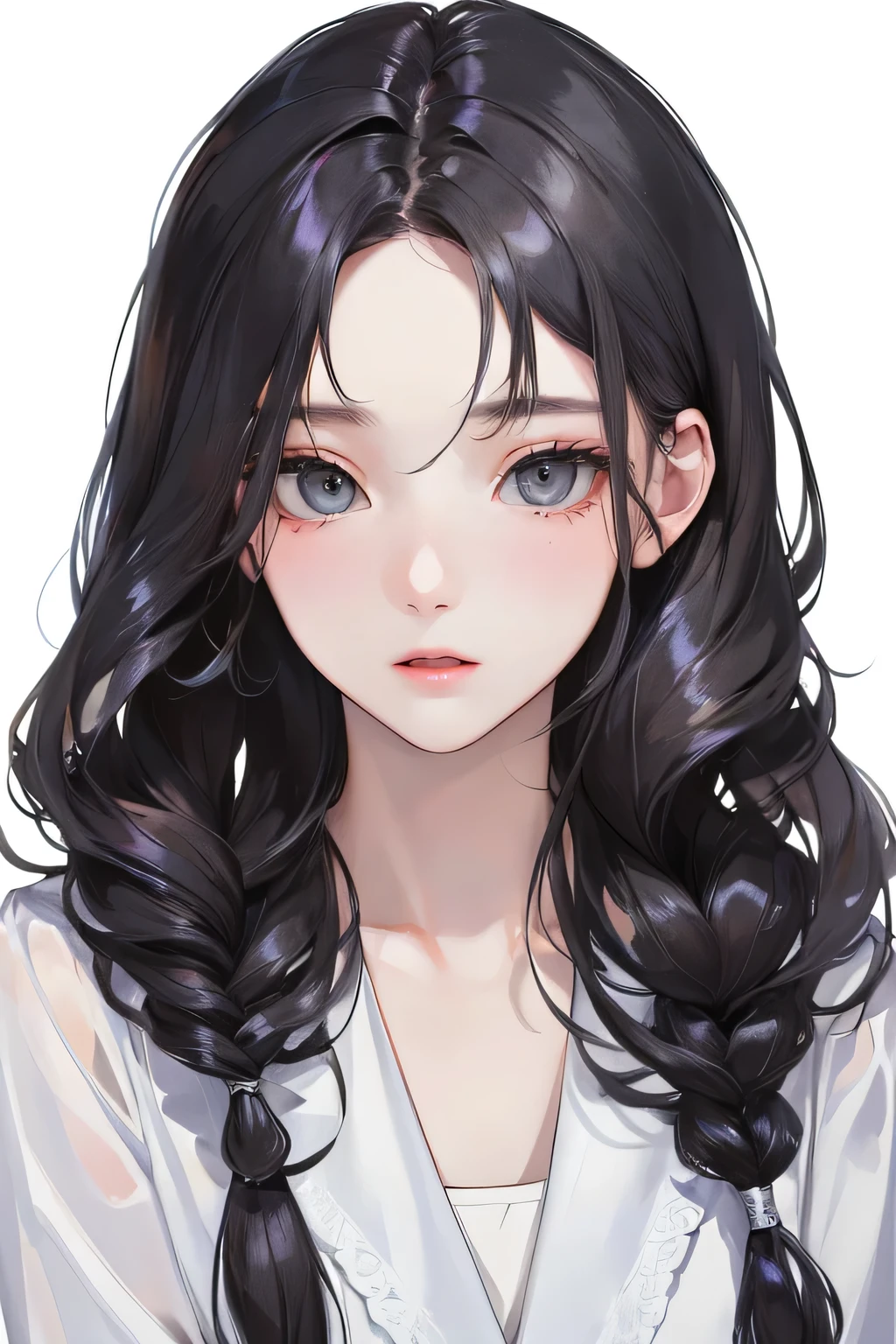 (Top resolution、Distinct_image)top-quality、femele、masterpiece、highly detailed、Semi-realistic、grey eyes、18year old、young、smart Casual clothing、Exquisite facial features、Facial features、unique hairstyle, variations, potrait, white background