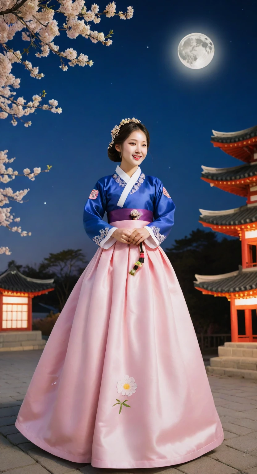 Best quality, high_permission, distinct_image, detailed background ,girl, Hanbok,flower,USA,Moon, night,Dutch corner, wide shot, crown,