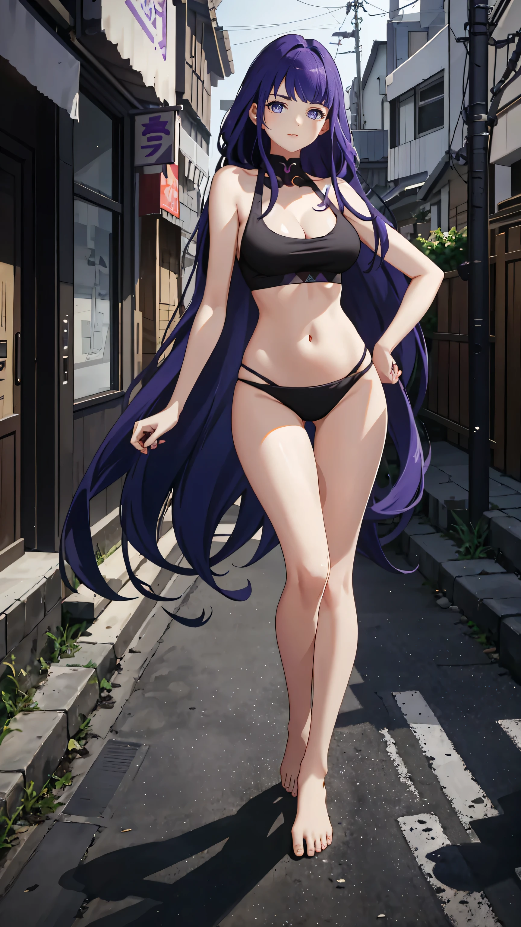 Masterpiece, best quality, high resolution, 1 woman, Raiden , Long Lilac Hair , black tank top , bikini , abdomen , big breasts, Long legs , Barefoot , Put your hands on your hips. , alley , roadside , population