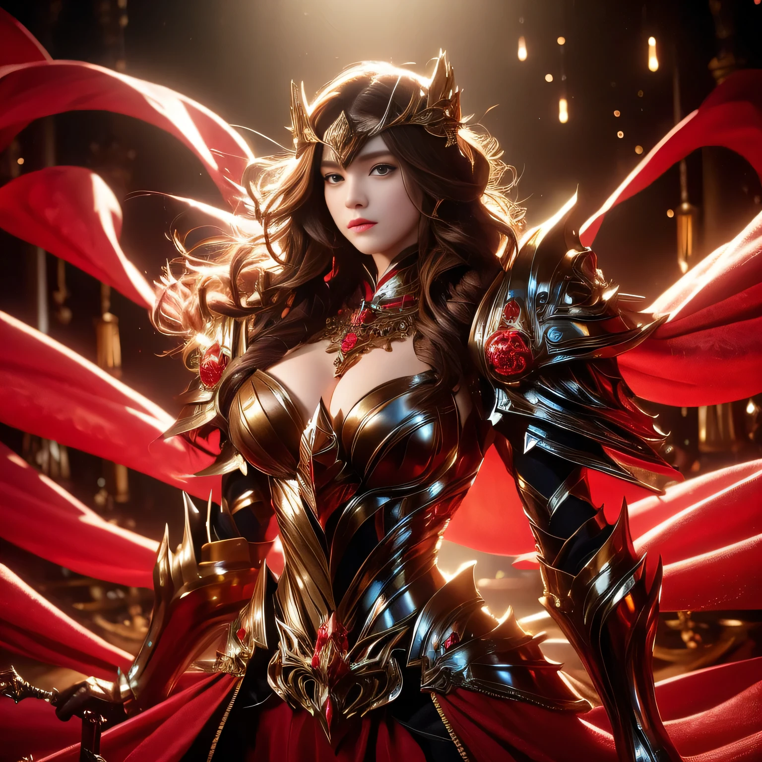 Busty brunette, knight in intricate armor, masterpiece, best quality, realistic, hyperrealistic, 16k hdr, photorealistic, cinematic, medieval scene, knight's throne view, 25yo, voluptuous woman,(brown hair, cascading curls:1.3),brown leather armor,enhanced breasts,from front,seated,chest focus,chainmail, gloved hands resting on sword, dramatic lighting, knightly background, knight's portrait view, high resolution, ultra-detailed, ultra-sharp, chivalric atmosphere, 1 girl, full body armor, brown eyes, detailed