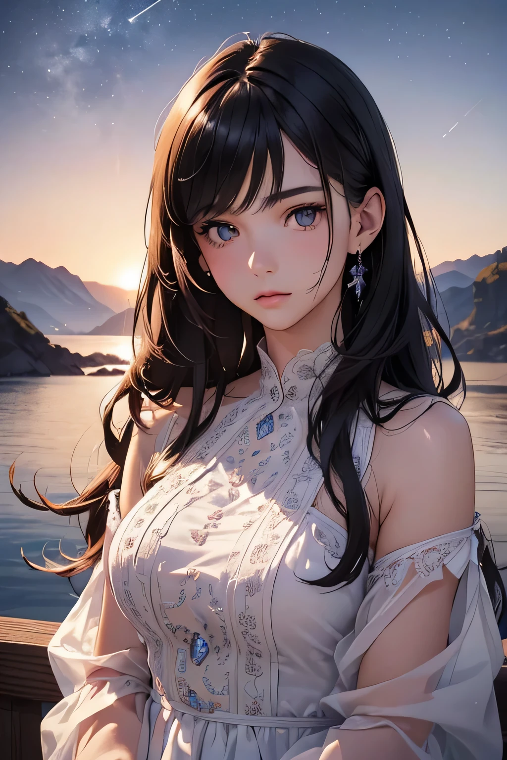 highest quality、High resolution、Detailed Background、(Beautiful face in every detail:1.4)、Anatomically correct、(Detailed facial expressions)、(Detailed eyes:1.2)、(Detailed eyes:1.2)、Beautiful women in their 20s、(Highly detailed face:1.4)、Brightly colored hair、A cute dress with minimal exposure、Spectacular natural scenery、Three beautiful girls against the backdrop of a large number of comets floating in the night sky