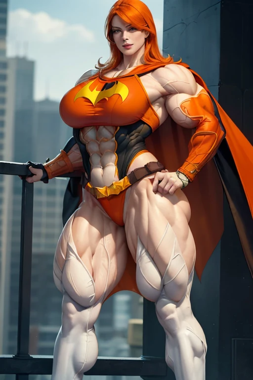 ((((Massive, tall, beautiful, buff, pale white skinned muscular woman with orange hair, ginormous bulky muscles and wearing a orange Batgirl suit with a cape and tight pants)))), (close view), massive muscles, massive biceps, hyper muscle triceps, (long shaggy hair), green eyes, black gloves, spiked gauntlets, high heels boots, city, at night, smirk, hyper muscles arms, hyper muscle legs, massive arms.