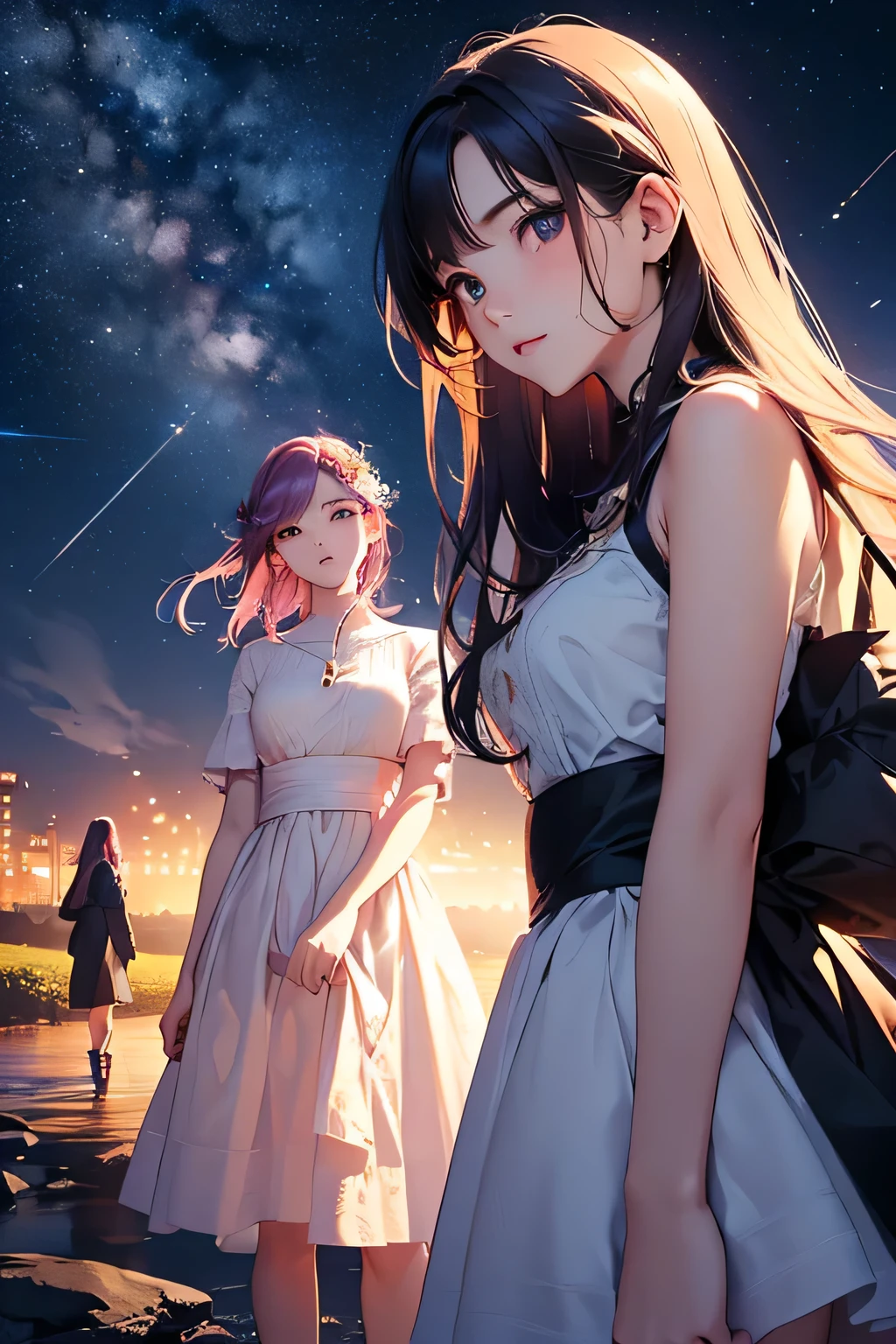 highest quality、High resolution、Detailed Background、(Beautiful face in every detail:1.4)、(Highly detailed face:1.4)、Brightly colored hair、A cute dress with minimal exposure、Spectacular natural scenery、Three beautiful girls against the backdrop of a large number of comets floating in the night sky