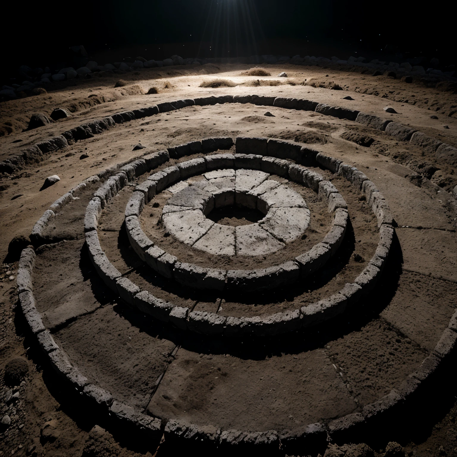 Obra de arte, objeto circular de marfil o hueso, desgastado, sucio, erosionado, rodeado de musgo y arena, iluminado con la luz de la luna, ambiente oscuro, clave baja, blanco y negro