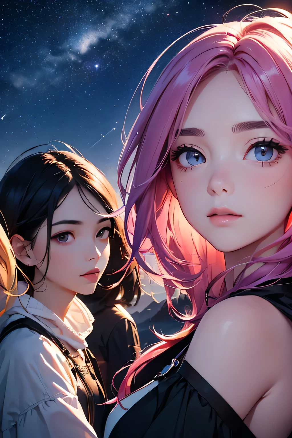 highest quality、High resolution、Detailed Background、(Beautiful face in every detail:1.4)、(Highly detailed face:1.4)、Brightly colored hair、A cute dress with minimal exposure、Spectacular natural scenery、Three beautiful girls against the backdrop of a large number of comets floating in the night sky