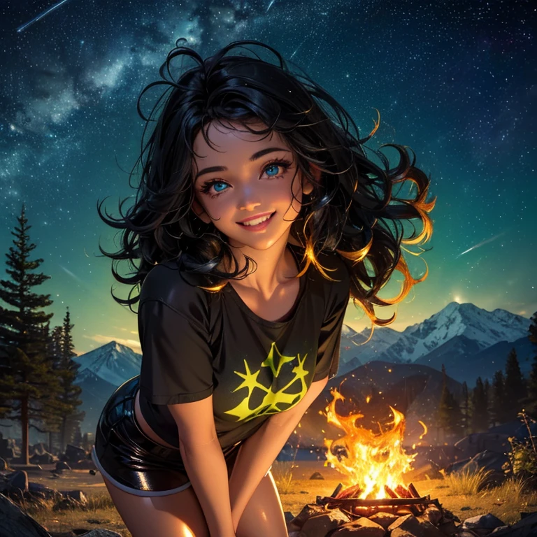 masterpiece, best quality, 8K wallpaper, HDR, octane rendering. A girl in a short t-shirt, short shorts, flip-flops, camp, mountains, trees, bonfire, bright colorful starry night sky, beautiful detailed scenery, the girl has (Messy hair, shiny black hair:1.4), (Cute face and detailed with perfect symmetry), (Beautiful and detailed green eyes), (soft lips, smile, teeth:1.2), (body with perfect anatomy, perfect natural texture, high details, glowing skin) cinematic lighting, vivid colors, detailed illustration, Field depth.