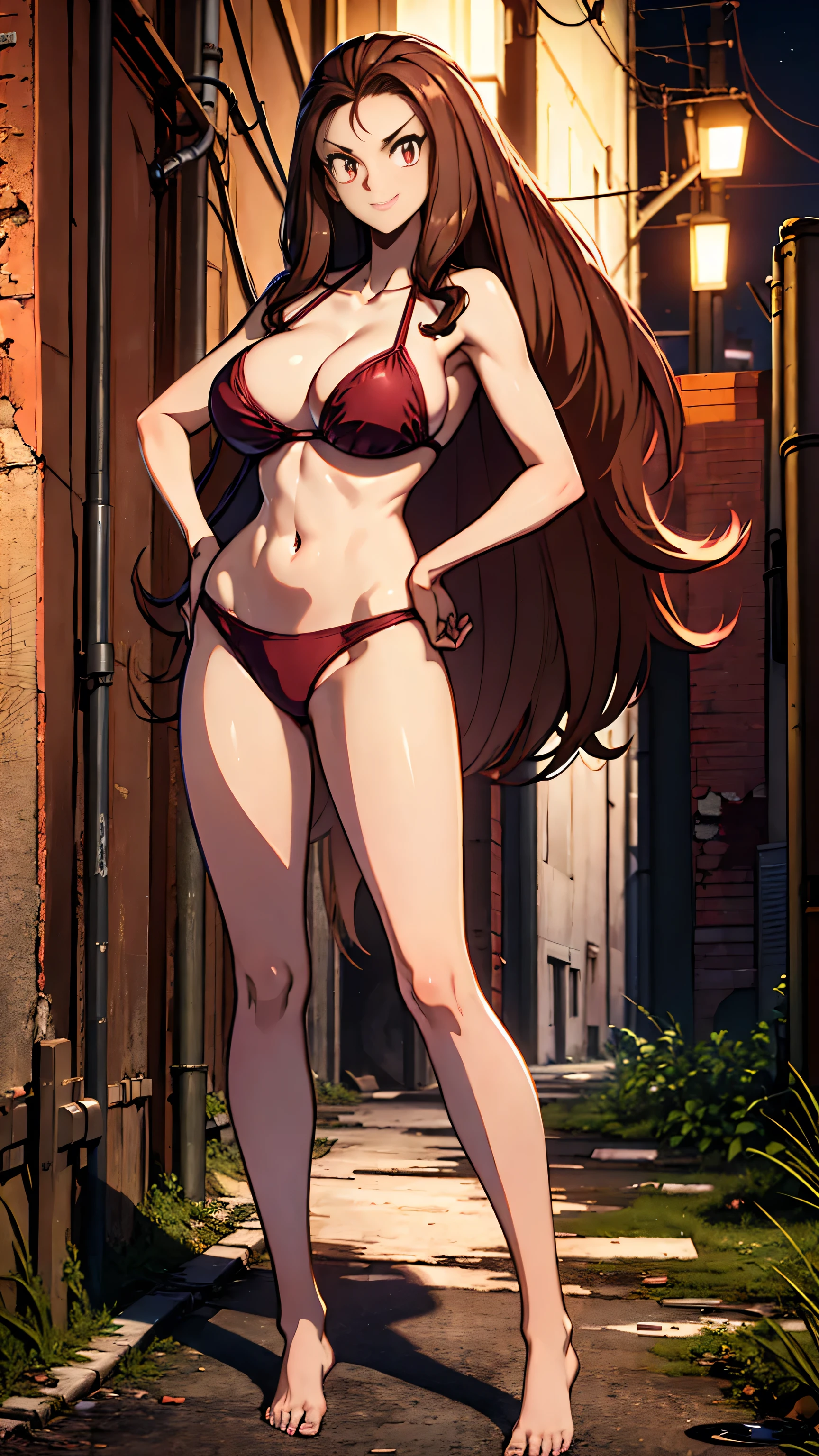 ((Masterpiece)), ((best quality)), very detailed, Detailed background, 1 woman, wavy brown hair, red eyes, sly face , smile , pink bikini , abdomen, big breasts , Long legs , Put your hands on your hips. , Barefoot , abandoned factory, at night