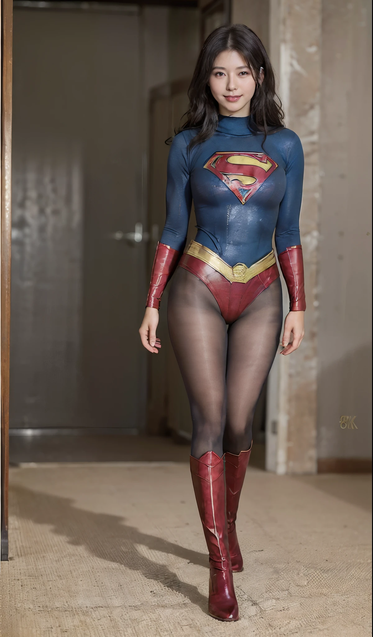 No background、(((Beautiful legs in black tights.)))、(((Legally express the beauty of your smile)))、((((Make the most of your original images)))、(((Supergirl Costume)))、(((ボディにフィットしたSupergirl Costume)))、(((Beautiful Hair)))、(((Smiles and winks)))、(((Please wear black tights....、Wear red boots)))、((Best image quality、8k))、((highest quality、8k、masterpiece:1.3))、(((Preserve background )))、Sharp focus:1.2、Beautiful woman with perfect figure:1.4、Slim Abs:1.2、Wet body:1.5、Highly detailed face and skin texture、8k