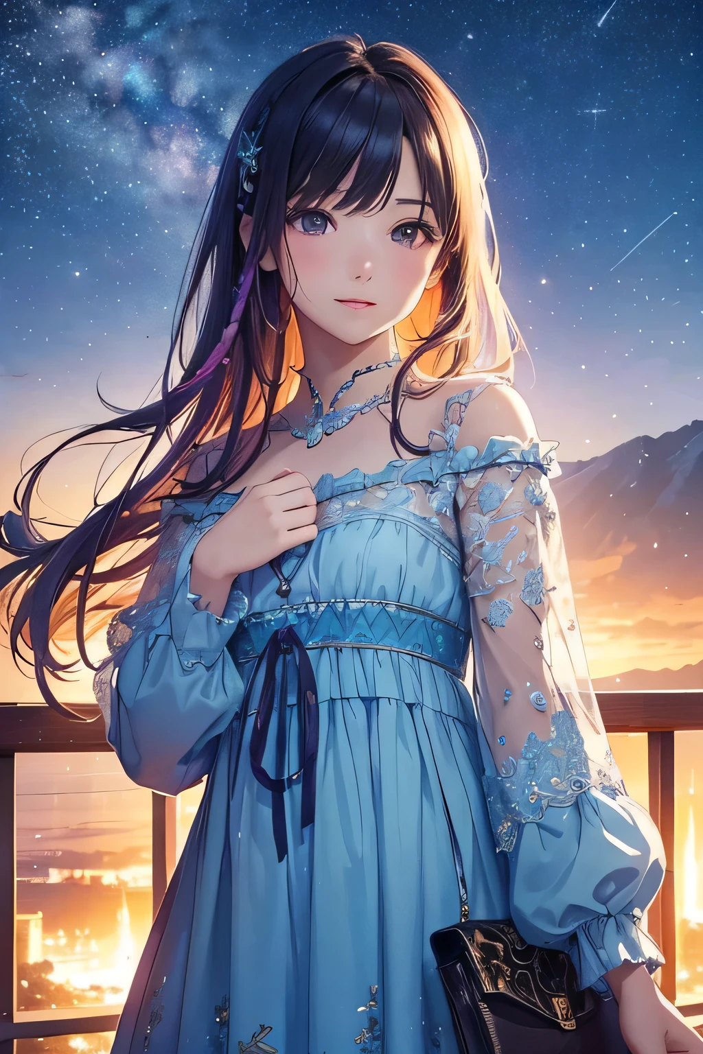 highest quality、High resolution、Detailed Background、(Beautiful face in every detail:1.4)、(Highly detailed face:1.4)、Brightly colored hair、A cute dress with minimal exposure、Spectacular natural scenery、Three beautiful girls against the backdrop of a large number of comets floating in the night sky