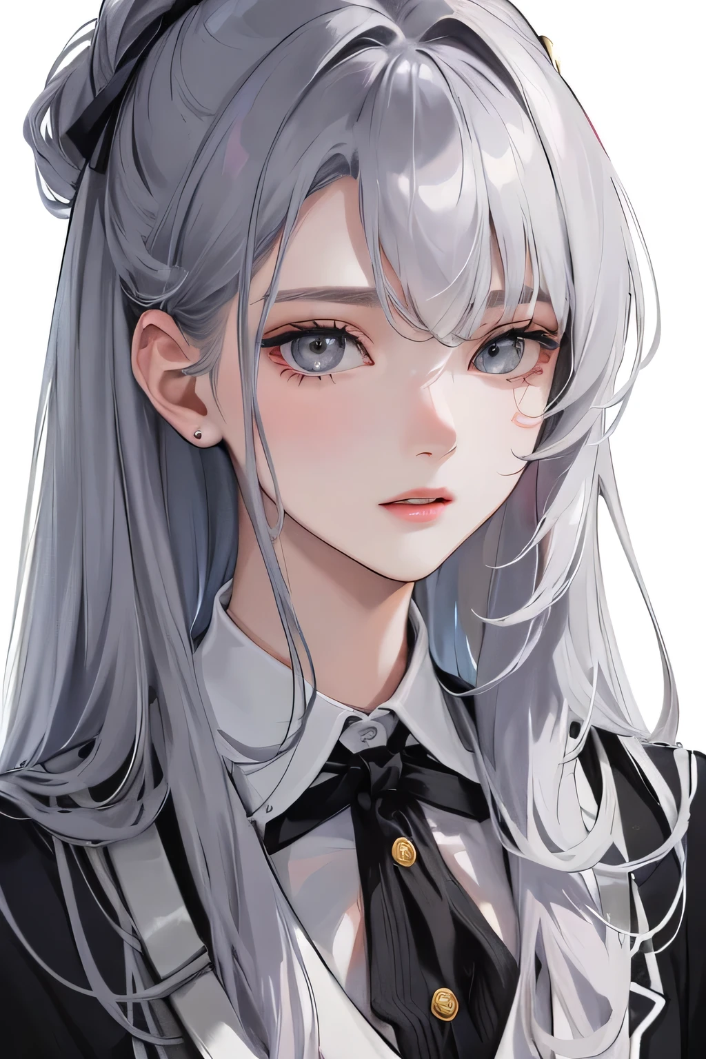 (Top resolution、Distinct_image)top-quality、femele、masterpiece、highly detailed、Semi-realistic、grey eyes、18year old、young、smart Casual clothing、Exquisite facial features、Facial features、unique hairstyle, variations, potrait, white background