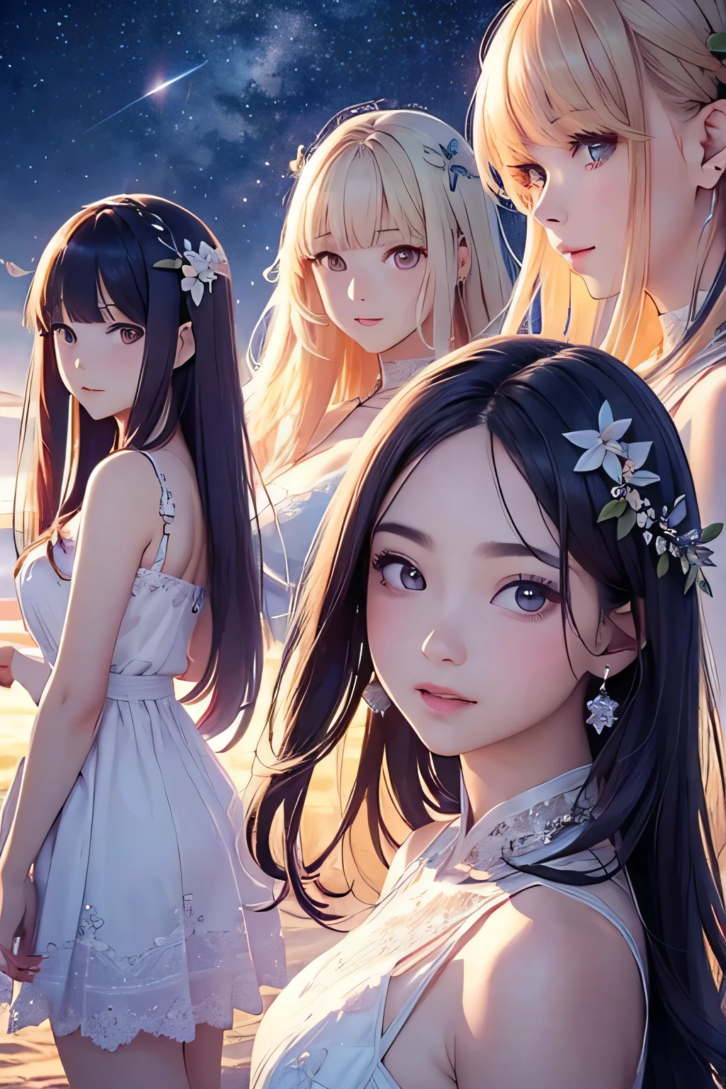 highest quality、High resolution、Detailed Background、(Beautiful face in every detail:1.4)、(Highly detailed face:1.4)、Brightly colored hair、A cute dress with minimal exposure、Spectacular natural scenery、Three beautiful girls against the backdrop of a large number of comets floating in the night sky