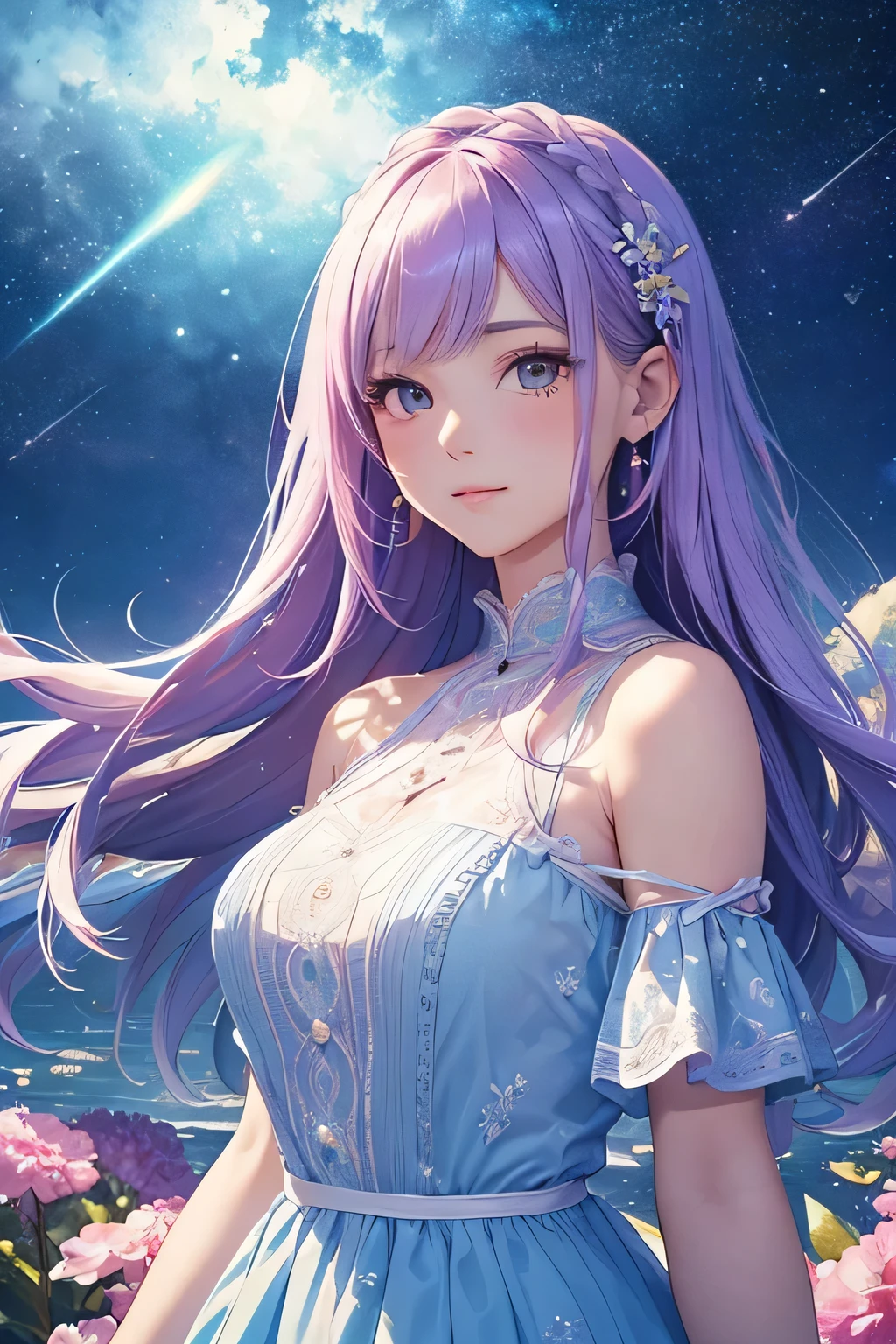 highest quality、High resolution、Detailed Background、(Beautiful face in every detail:1.4)、(Highly detailed face:1.4)、Brightly colored hair、A cute dress with minimal exposure、Spectacular natural scenery、Three beautiful girls against the backdrop of a large number of comets floating in the night sky