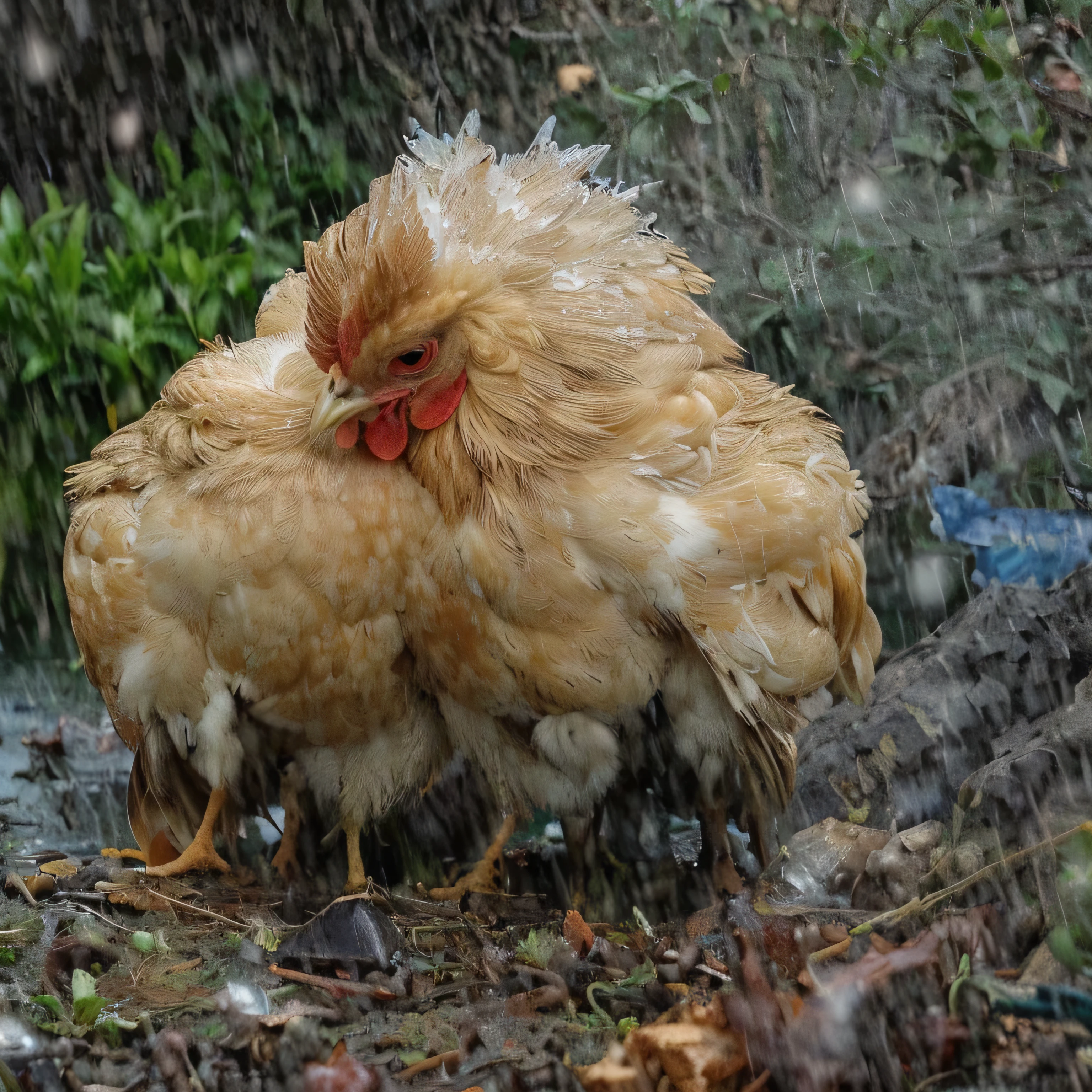 chicken, In a rainy environment, The mother chicken uses her wings to protect her baby chicken from the rain, hail period, heavy rain, rain, soak, Anthropomorphic chicken, Covered with water droplets