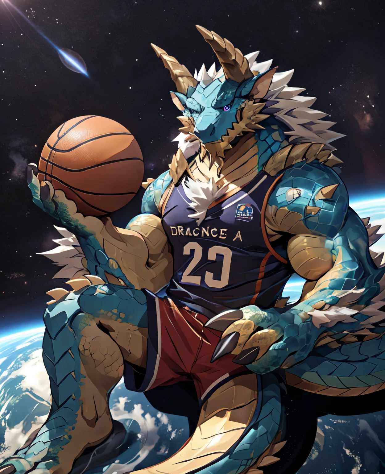 (full body), (soft shading), 4k, hi res, Zinogre, (dragon), Two-color, dragon's eyes, Perfect eyes, Handsome, wearing white basketball jersey, (Happy eyes),look at viewer,(dragon horn),(dragon tail),(16K),White belly, Basketball in hand, smiling, macro, sitting on a tiny planet, in space