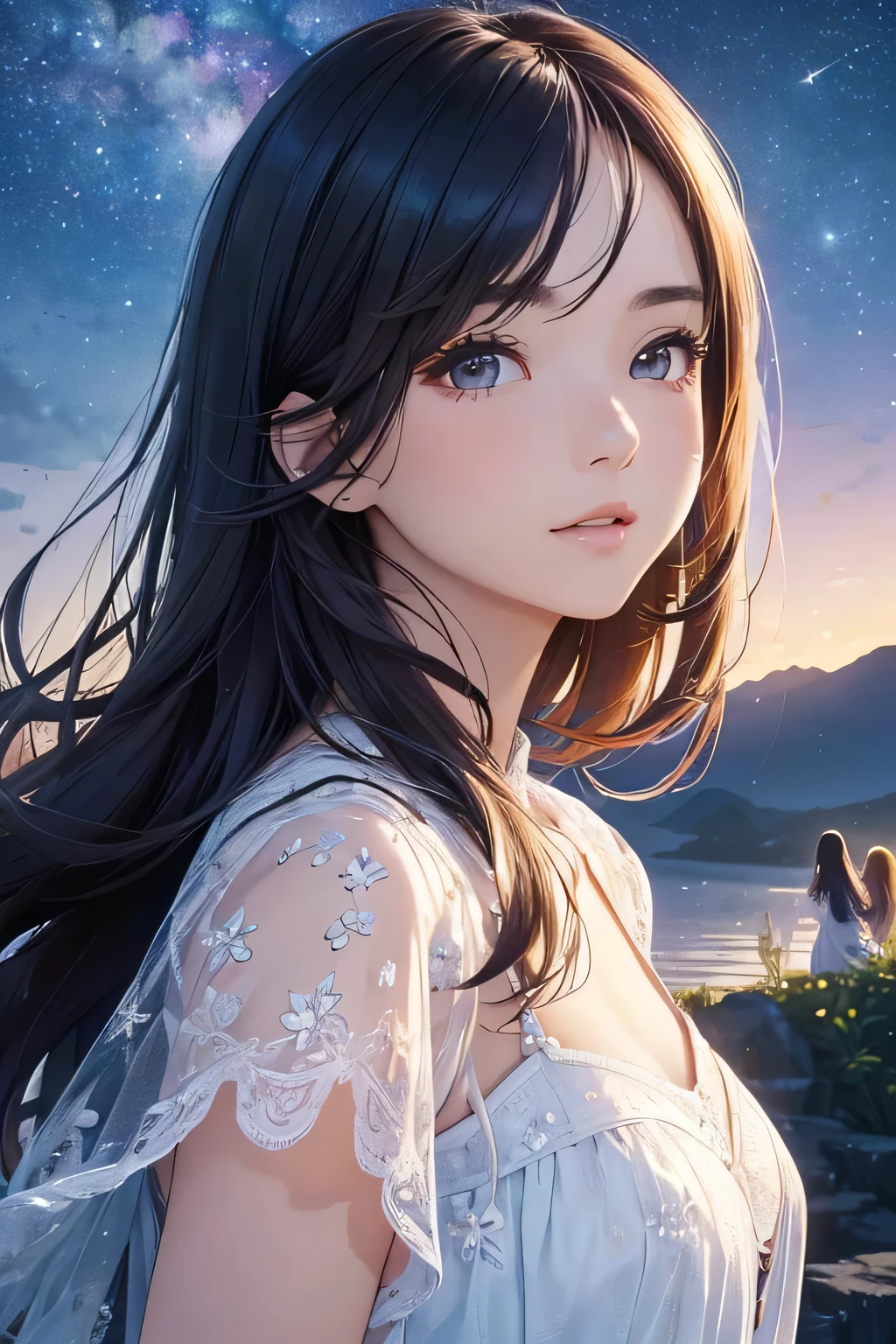 highest quality、High resolution、Detailed Background、(Beautiful face in every detail:1.4)、(Highly detailed face:1.4)、Brightly colored hair、A cute dress with minimal exposure、Spectacular natural scenery、Three beautiful girls against the backdrop of a large number of comets floating in the night sky