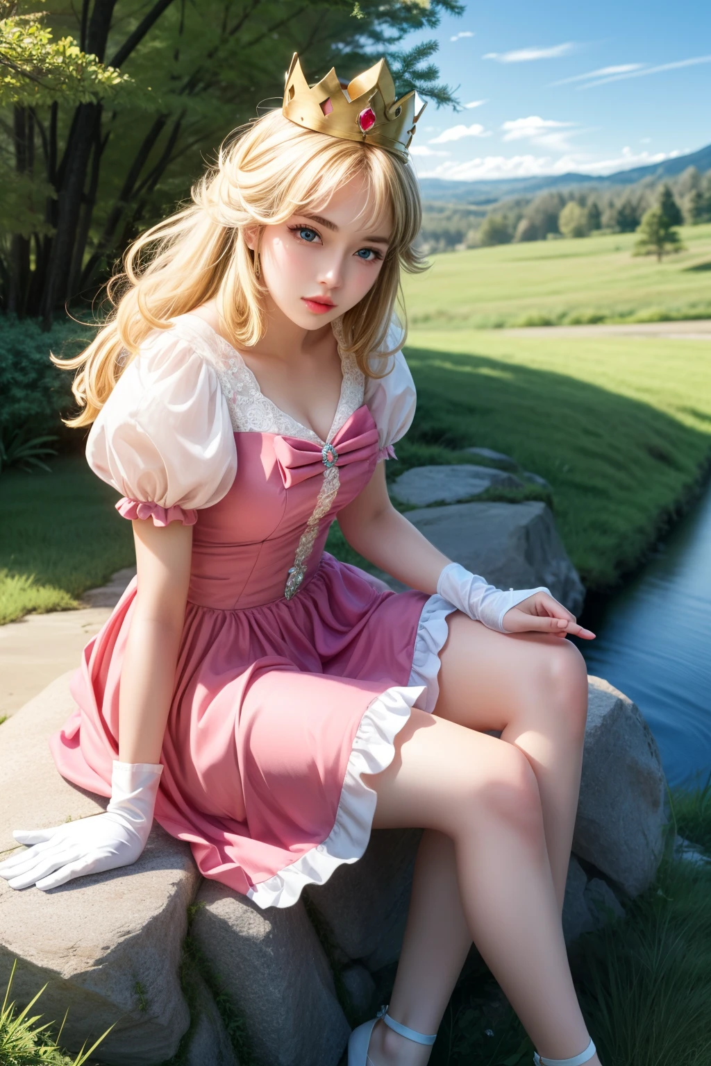 (masterpiece, highest quality),  Intricate details,
One girl,      Princess Peach, Blonde, blue eyes, Long Hair,, Crown, dress, gem, gloves, pink dress, puffy Short sleeve, Puffy sleeves, Short sleeve, white gloves,
Sitting, Outdoor, Sitting on rock, Grass,