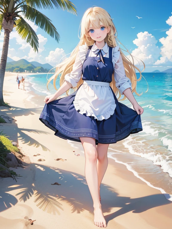 (8k, highest quality, Tabletop:1.2), One 12-year-old girl, Detailed face, blue eyes, Blonde, Braid, Blue Dress, White apron, blue sky, Ocean, Sandy Beach, Walking barefoot, Feet in the waves