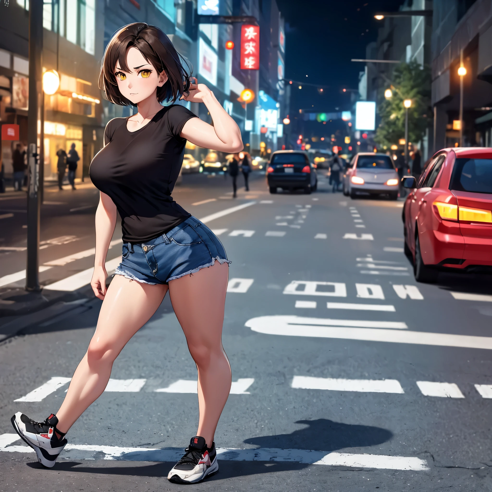 A woman wearing a black shirt with white kanji writing on the shirt, short black denim shorts, sports shoes, short brown hair, yellow eyes, full body, big breasts walking on a sidewalk in a city at night with lighting in place,.projected shadow, anaglyph, stereogram, tachi-e, dot view, atmospheric perspective, 8k, superdetail, accurate, best quality, award-winning, textured skin, high resolution, anatomically correct, bokeh effect, ((solo woman)
