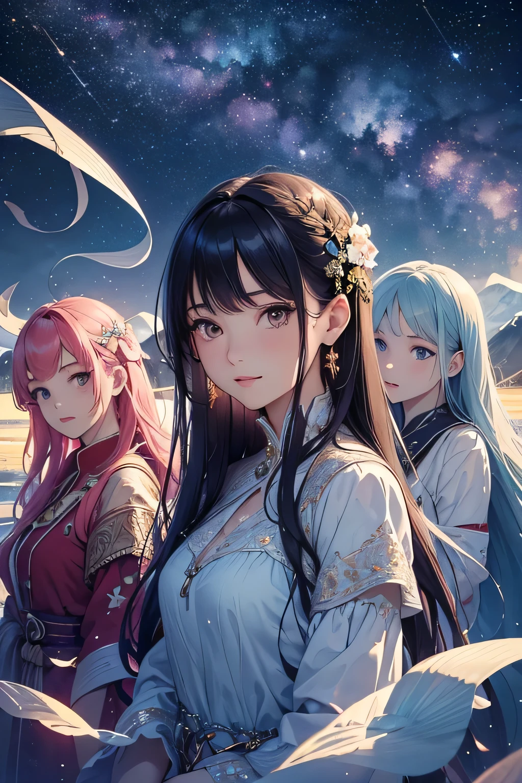 highest quality、High resolution、Detailed Background、(Beautiful face in every detail:1.4)、(Highly detailed face:1.4)、Brightly colored hair、A cute dress with minimal exposure、Spectacular natural scenery、Three beautiful girls against the backdrop of a large number of comets floating in the night sky