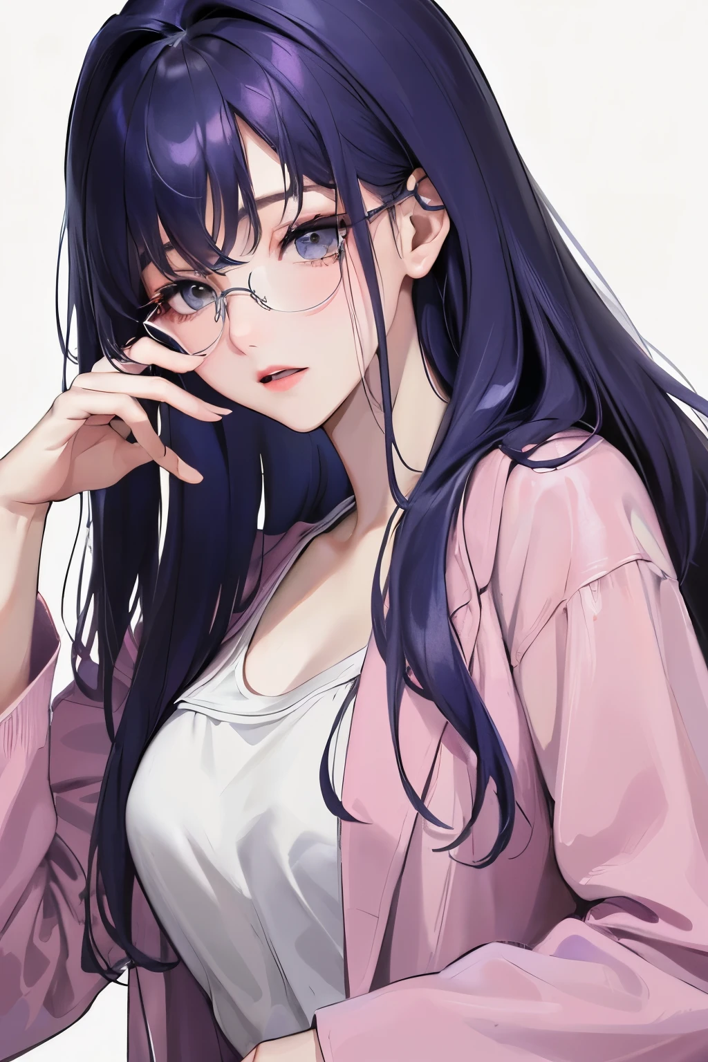 (Top resolution、Distinct_image)top-quality、femele、​masterpiece、ighly detailed、Semi-realistic、dark blue hair、Dark hair、grey  eyes、bangss、21years old、Mature、young、comfy clothes、Exquisite facial features、Facial features, pink color shade hair, glasses, white background