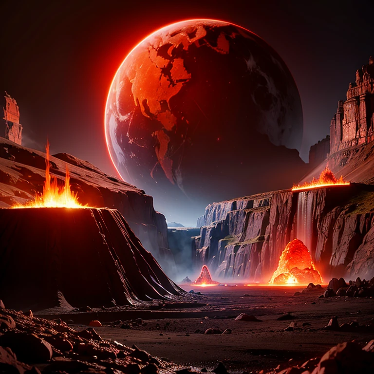 cybernetic earth with a red light inside, mechanized earth crust, the earth sprouts lava, earth's red mantle is visible, hollow earth, vtm, canyons and ridges all across earth, the whole world is on fire ablaze