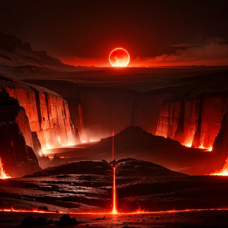 cybernetic earth with a red light inside, mechanized earth crust, the earth sprouts lava, earth's red mantle is visible, hollow earth, vtm, canyons and ridges all across earth, the whole world is on fire ablaze