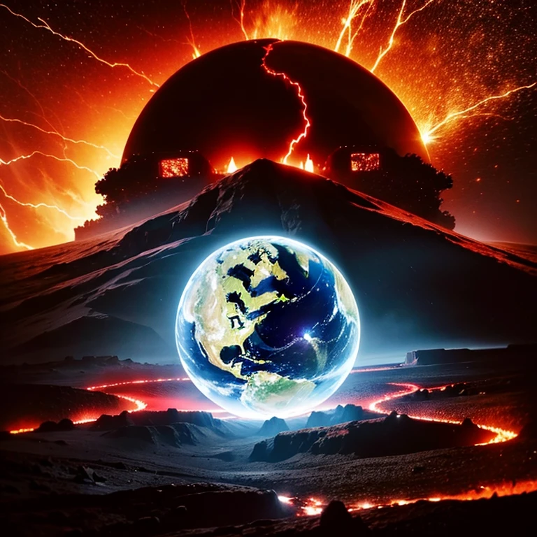 cybernetic earth with a red light inside, mechanized earth crust, the earth sprouts lava, earth's red mantle is visible, hollow earth, vtm, canyons and ridges all across earth, the whole world is on fire ablaze