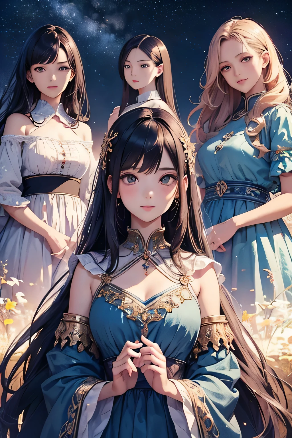 highest quality、High resolution、Detailed Background、(Beautiful face in every detail:1.4)、(Highly detailed face:1.4)、Brightly colored hair、A cute dress with minimal exposure、Spectacular natural scenery、Three beautiful girls against the backdrop of a large number of comets floating in the night sky