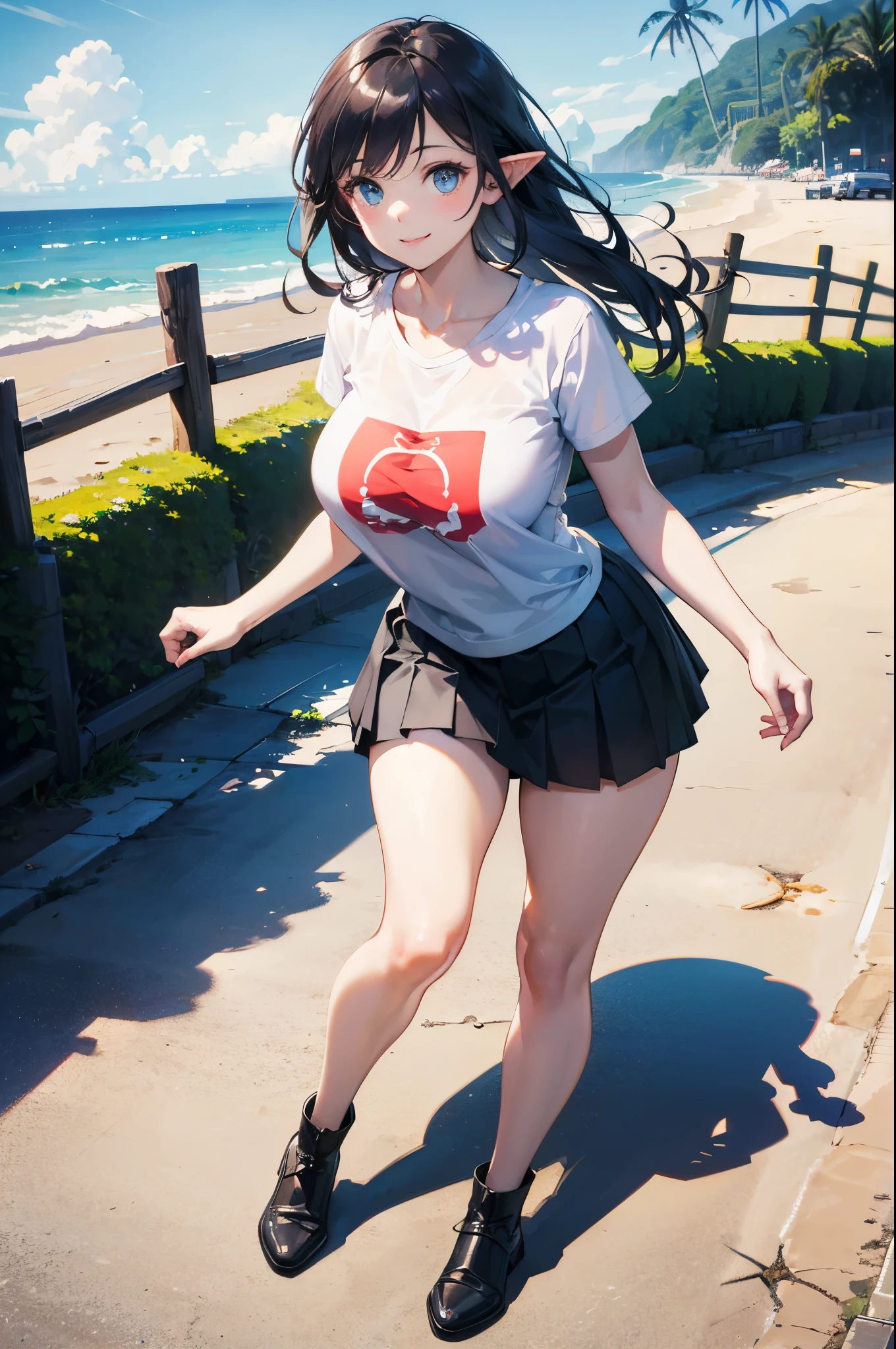 realistic image, detailed image, coherent image, 1 beautiful elf, she has very long hair, black hair, light blue eyes, smiling expression. She is wearing a big baggy t-shirt, pleated mini skirt, She has a curvy body, medium breasts and thick thighs, She is walking on the sidewalk, arching her back, background of a beach, sunny day, Soft focus, full body view, Shadows dramatic, volumetric lighting, natural lighting,