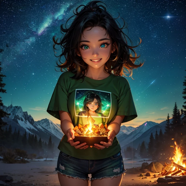 masterpiece, best quality, 8K wallpaper, HDR, octane rendering. A girl in a short t-shirt, short shorts, flip flops, camp, mountains, trees, bonfire, bright colorful starry night sky, beautiful detailed scenery, the girl has (Messy hair, shiny black hair:1.2), (Cute face and detailed with perfect symmetry), (Beautiful and detailed green eyes:1.2), (soft lips, smile, teeth:1.2), (body with perfect anatomy, perfect natural texture, high details, glowing skin) cinematic lighting, vivid colors, illustration detailed, depth of field.