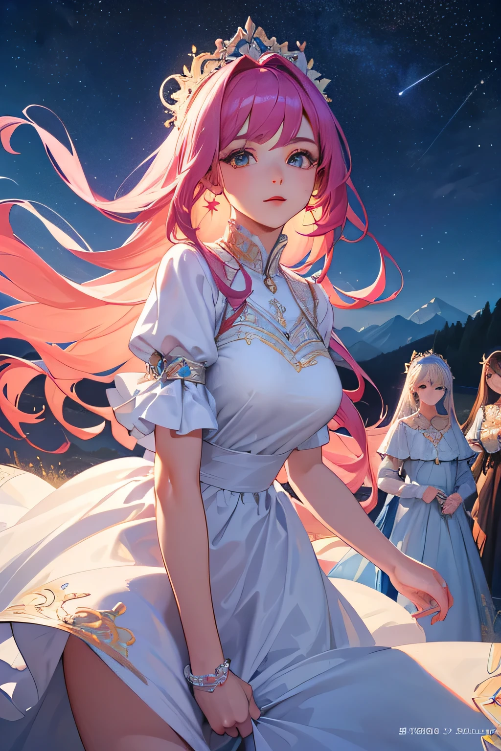 highest quality、High resolution、Detailed Background、(Beautiful face in every detail:1.4)、(Highly detailed face:1.4)、Brightly colored hair、A cute dress with minimal exposure、Spectacular natural scenery、Three beautiful girls against the backdrop of a large number of comets floating in the night sky