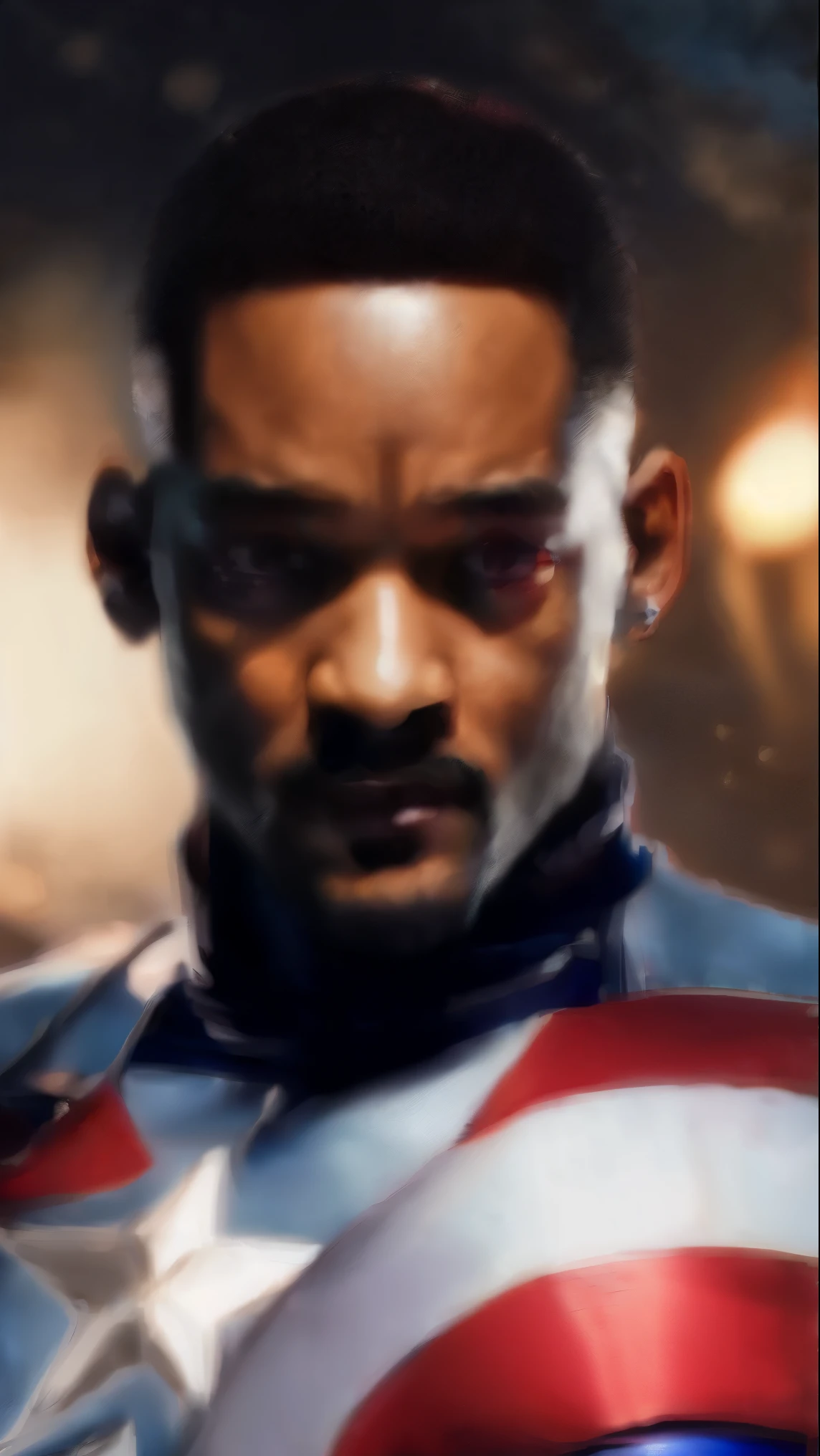 . .Tarantino Style Will Smith as Captain America 8k, High definition, rosto detalhado, rosto detalhado, olhos detalhados, terno detalhado, no estilo da Marvel e DC, hiper-realista, + Cinematic shot + dynamic composition, incrivelmente detalhado, afiado, detalhes + superb detalhes + noite com luz + perfeccionismo + realismo premiado ((moody lighting))