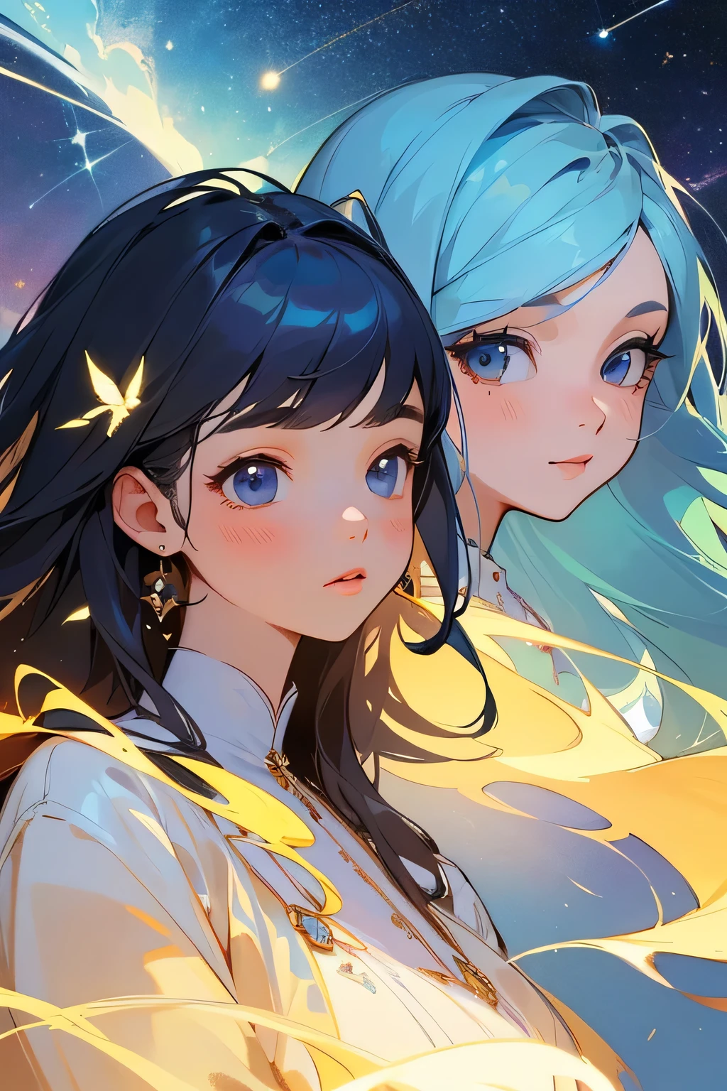 highest quality、High resolution、Detailed Background、(Beautiful face in every detail:1.4)、(Highly detailed face:1.4)、Brightly colored hair、A cute dress with minimal exposure、Spectacular natural scenery、Three beautiful girls against the backdrop of a large number of comets floating in the night sky