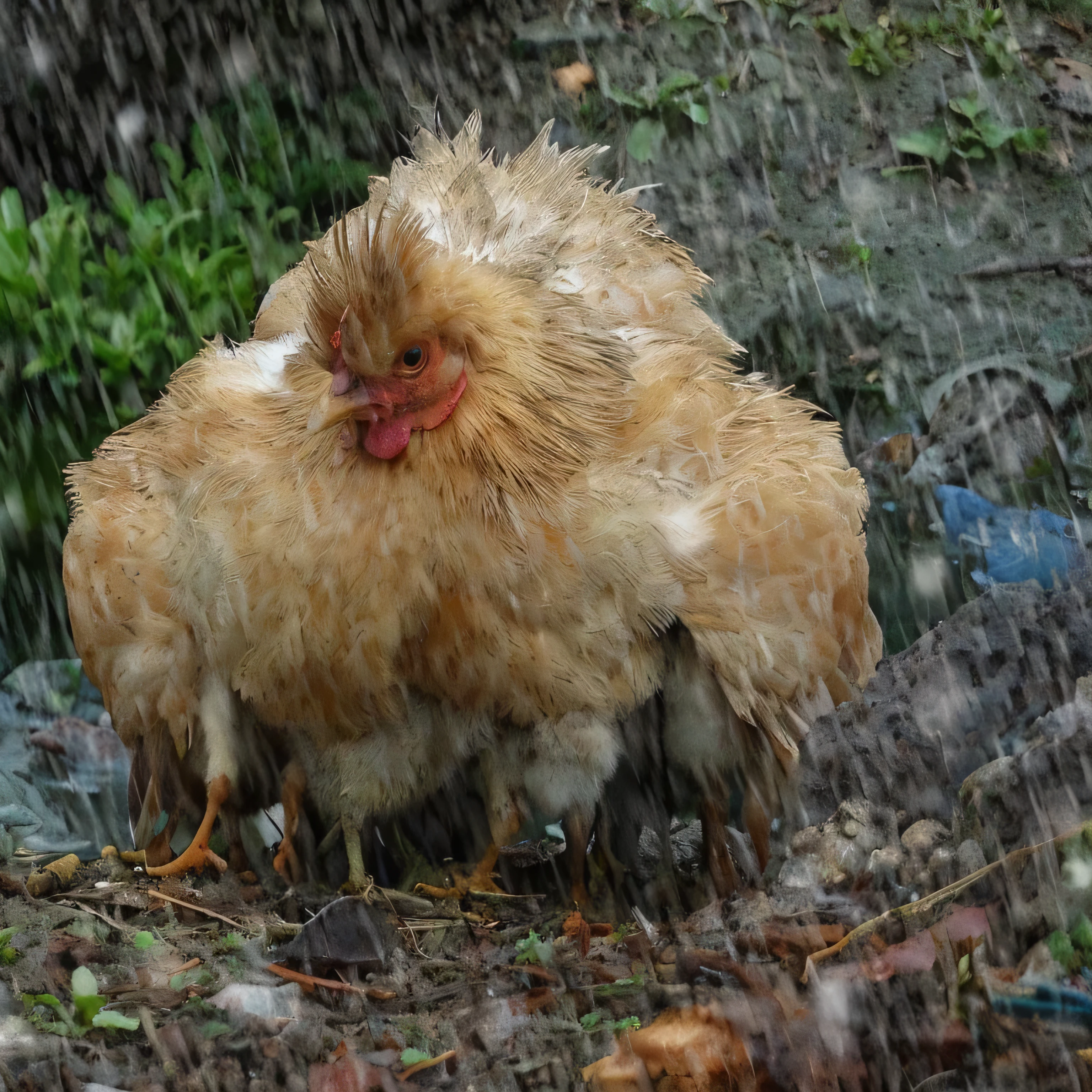 chicken, In a rainy environment, The mother chicken uses her wings to protect her baby chicken from the rain, hail period, heavy rain, rain, soak, Anthropomorphic chicken, Covered with water droplets