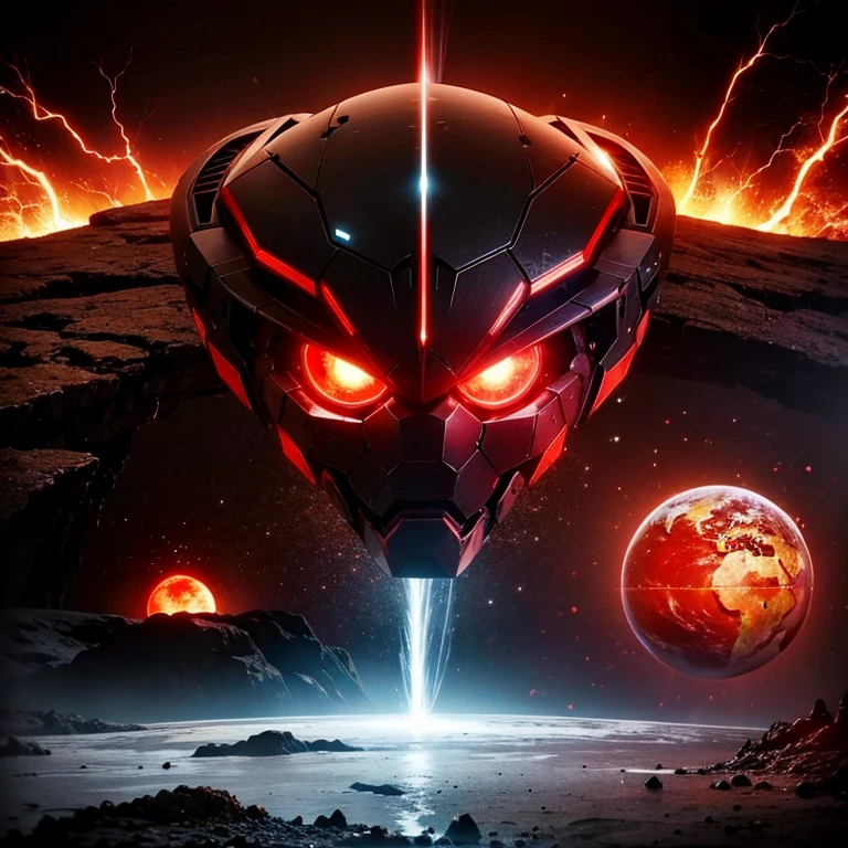 cybernetic earth with a red light inside, mechanized earth crust, the earth sprouts lava, earth's red mantle is visible, hollow earth, vtm, canyons and ridges all across earth, the whole world is on fire ablaze
